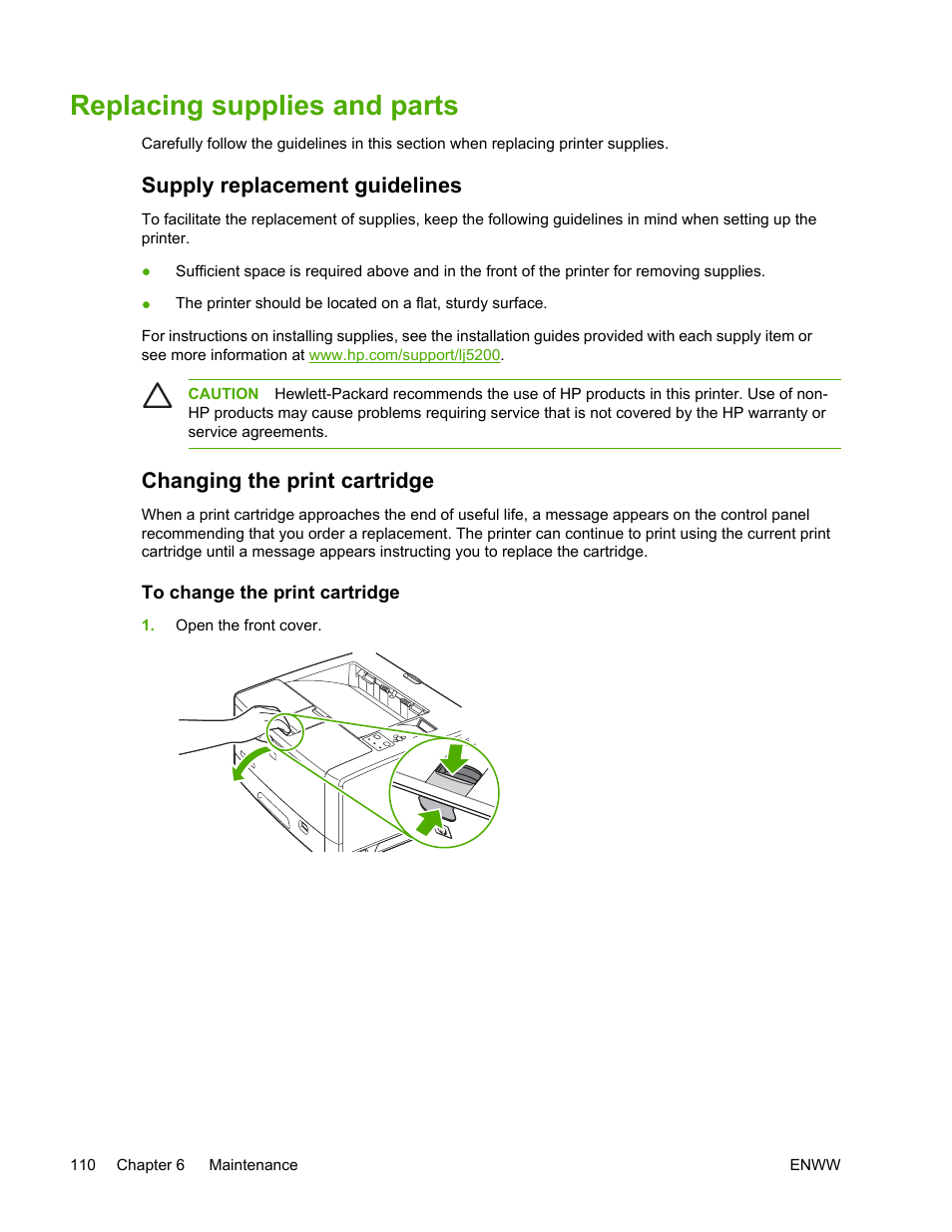 Replacing supplies and parts, Supply replacement guidelines, Changing the print cartridge | To change the print cartridge | HP LaserJet 5200 Printer series User Manual | Page 124 / 248