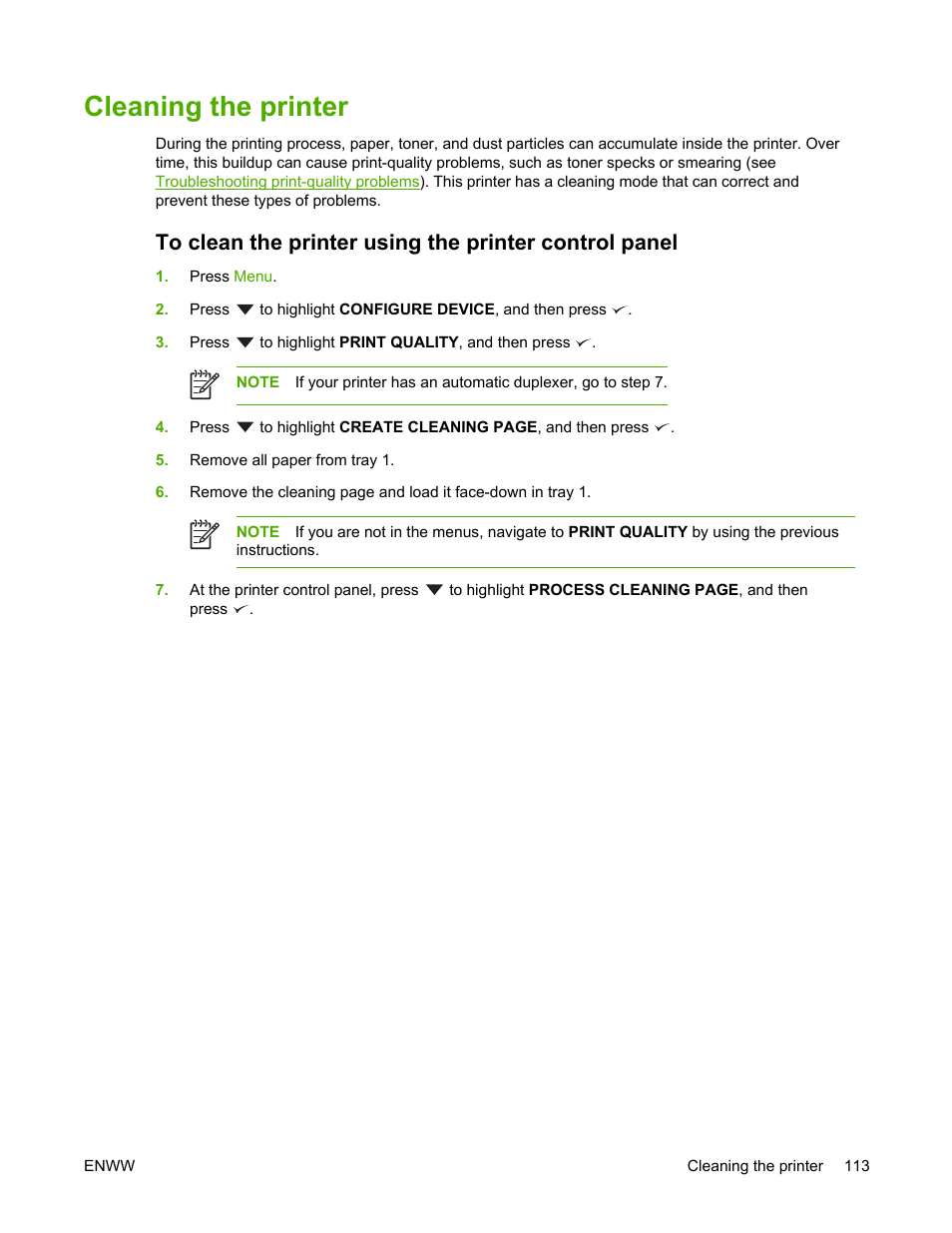 Cleaning the printer | HP LaserJet 5200 Printer series User Manual | Page 127 / 248