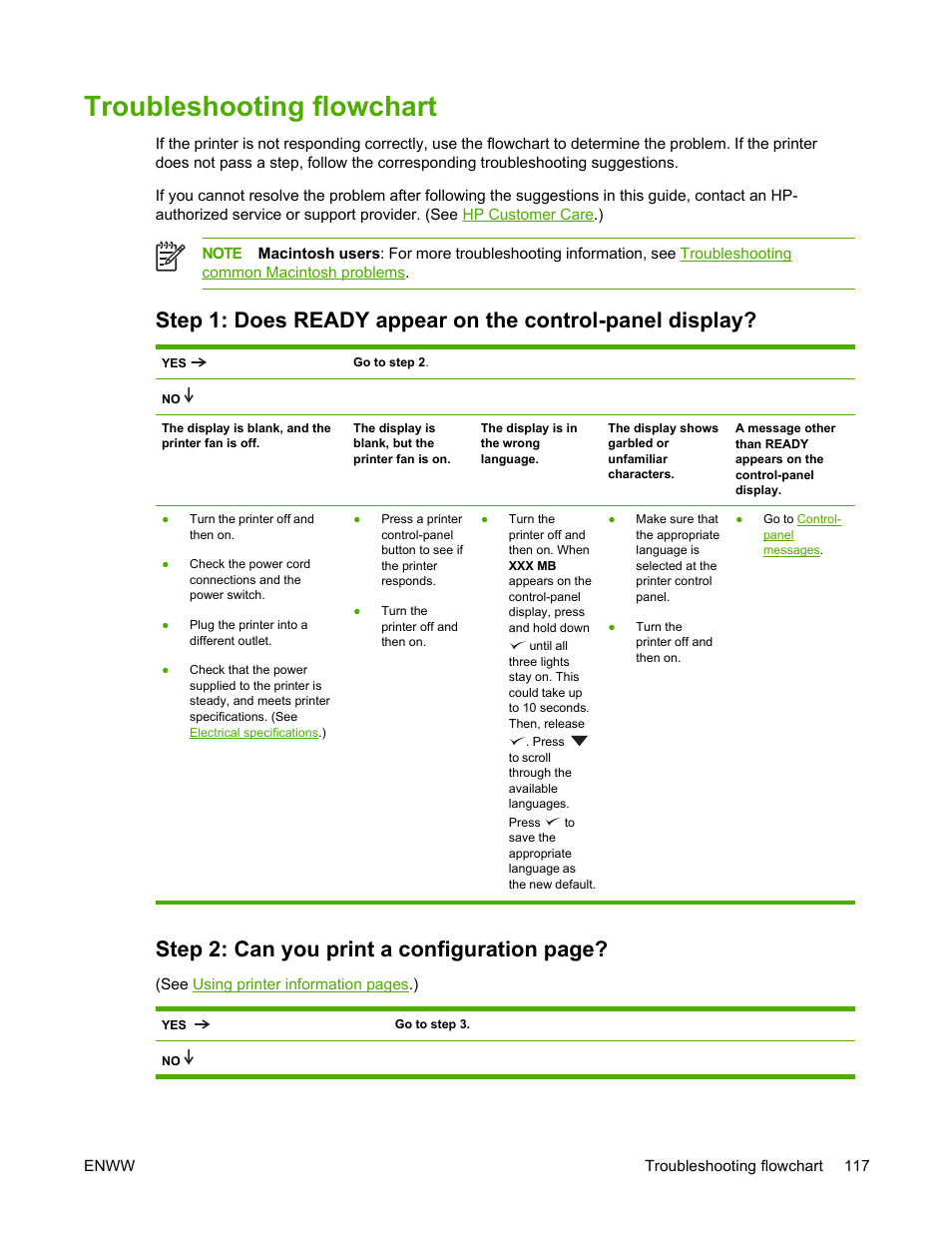 Troubleshooting flowchart, Step 2: can you print a configuration page | HP LaserJet 5200 Printer series User Manual | Page 131 / 248