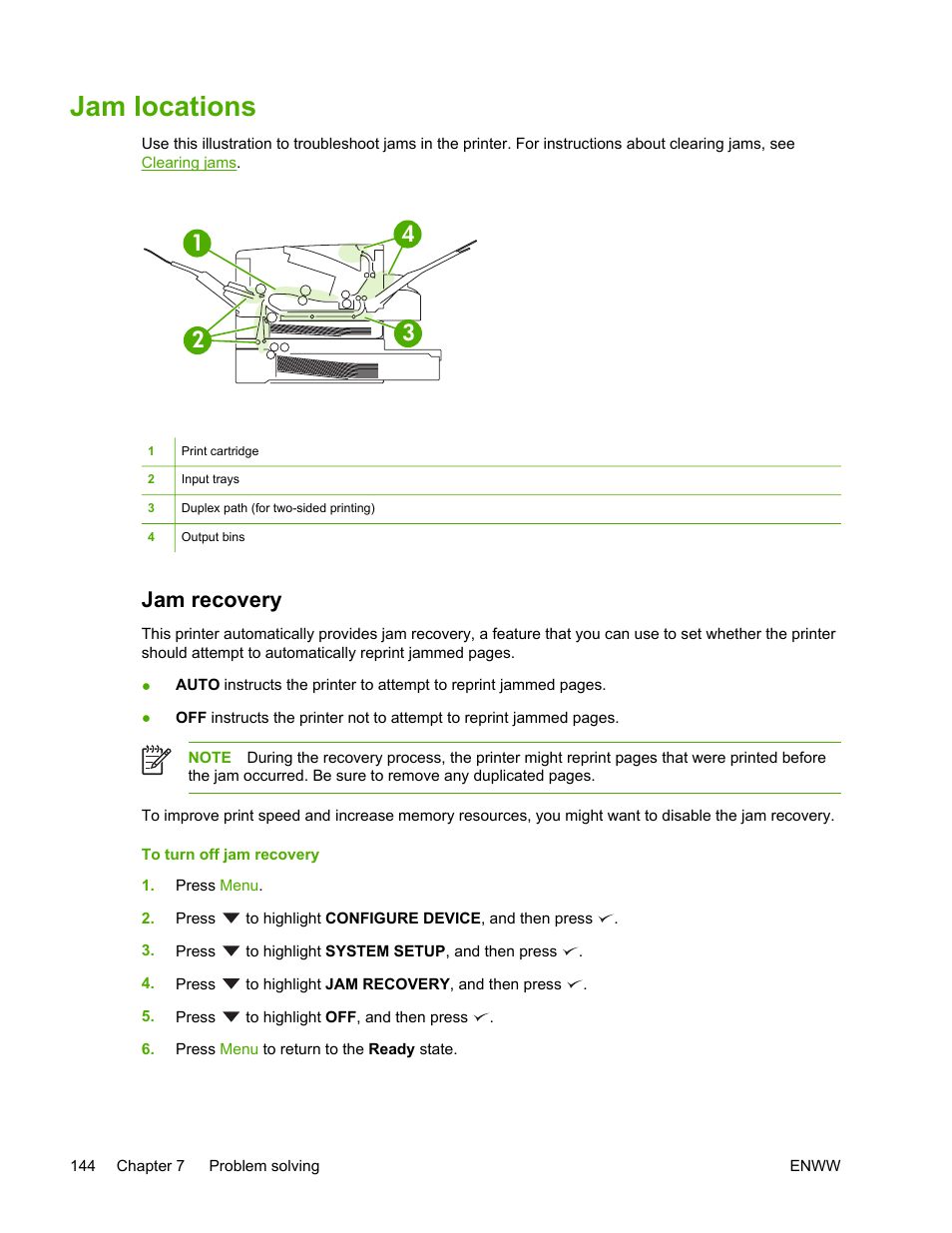Jam locations, Jam recovery | HP LaserJet 5200 Printer series User Manual | Page 158 / 248