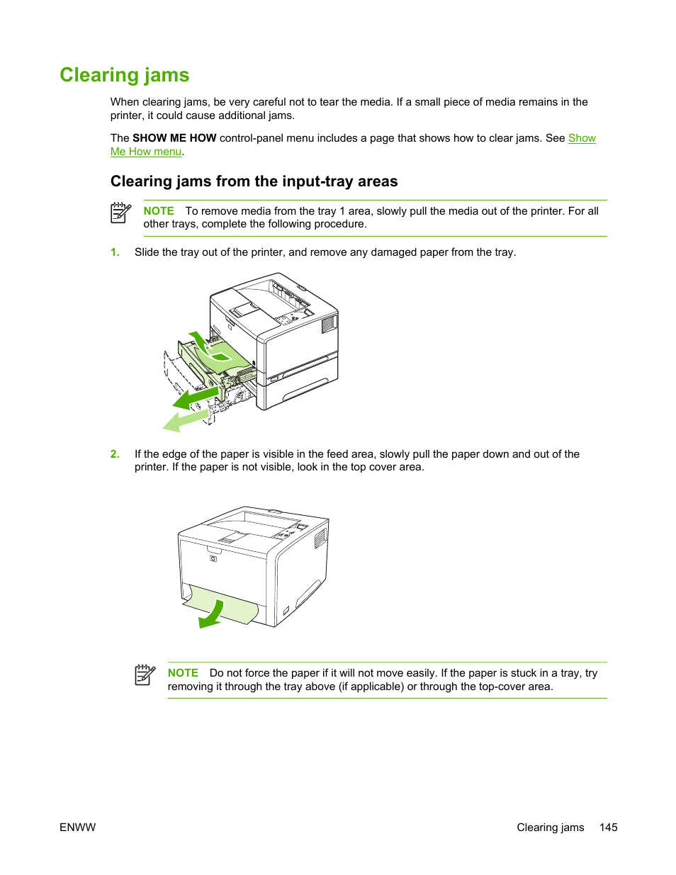 Clearing jams, Clearing jams from the input-tray areas | HP LaserJet 5200 Printer series User Manual | Page 159 / 248