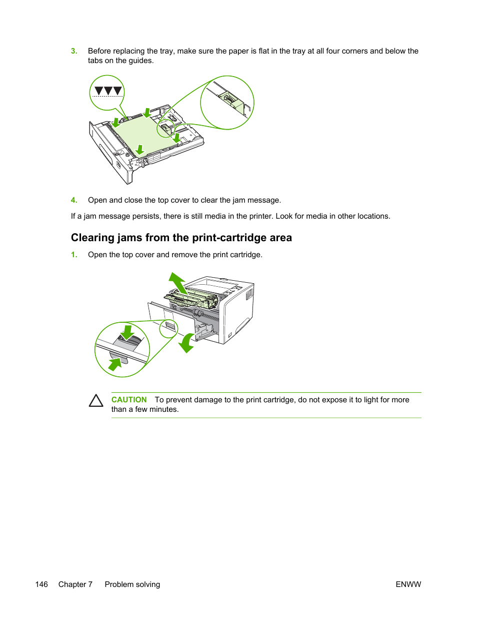 Clearing jams from the print-cartridge area, Clearing jams from the print-cartridge, Area | HP LaserJet 5200 Printer series User Manual | Page 160 / 248