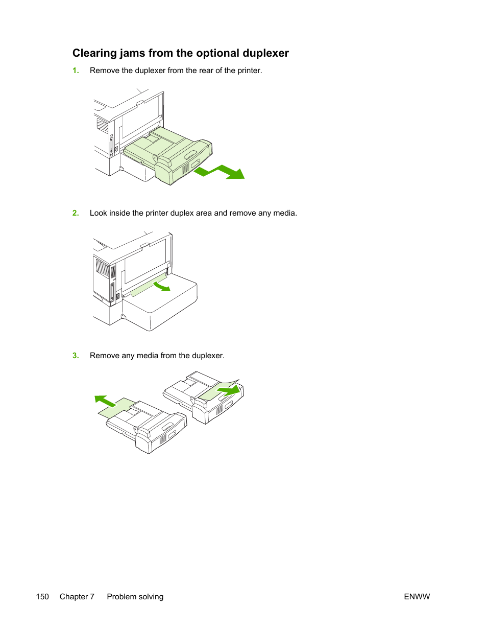Clearing jams from the optional duplexer | HP LaserJet 5200 Printer series User Manual | Page 164 / 248