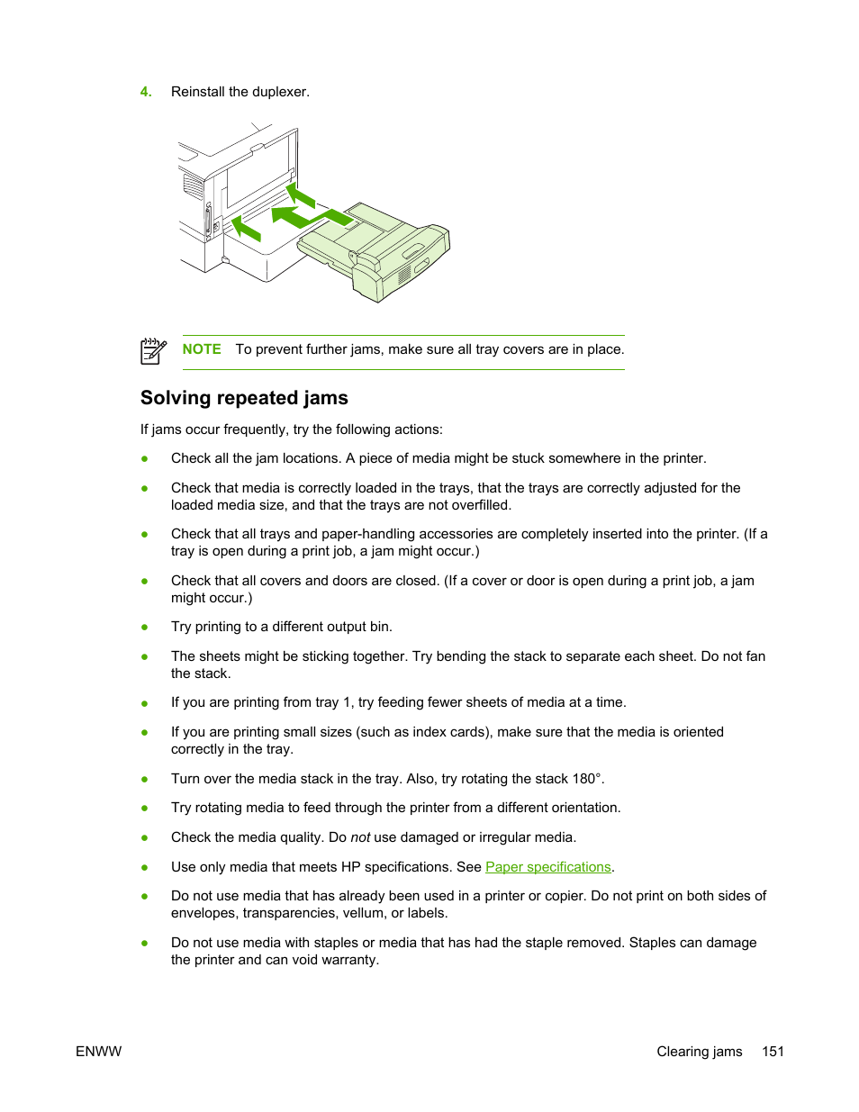 Solving repeated jams | HP LaserJet 5200 Printer series User Manual | Page 165 / 248
