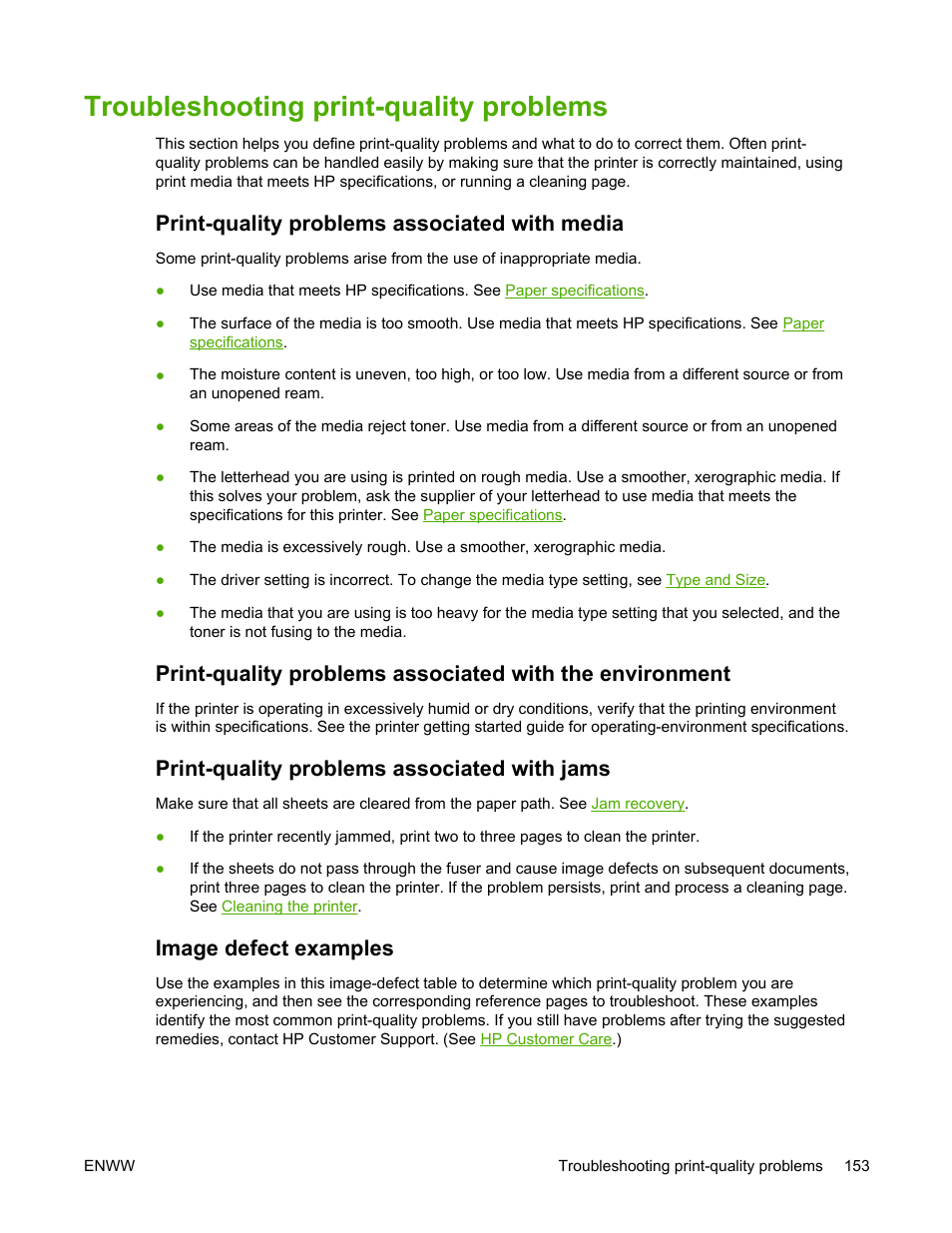 Troubleshooting print-quality problems, Print-quality problems associated with media, Print-quality problems associated with jams | Image defect examples, Troubleshooting, Print-quality problems | HP LaserJet 5200 Printer series User Manual | Page 167 / 248