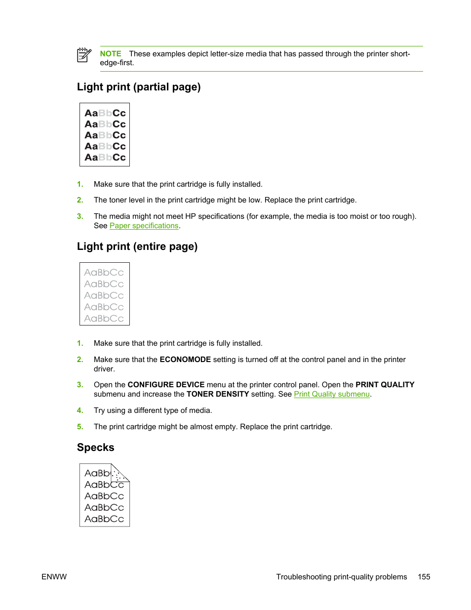 Specks, Light print (partial, Light print (entire | Light print (partial page), Light print (entire page) | HP LaserJet 5200 Printer series User Manual | Page 169 / 248