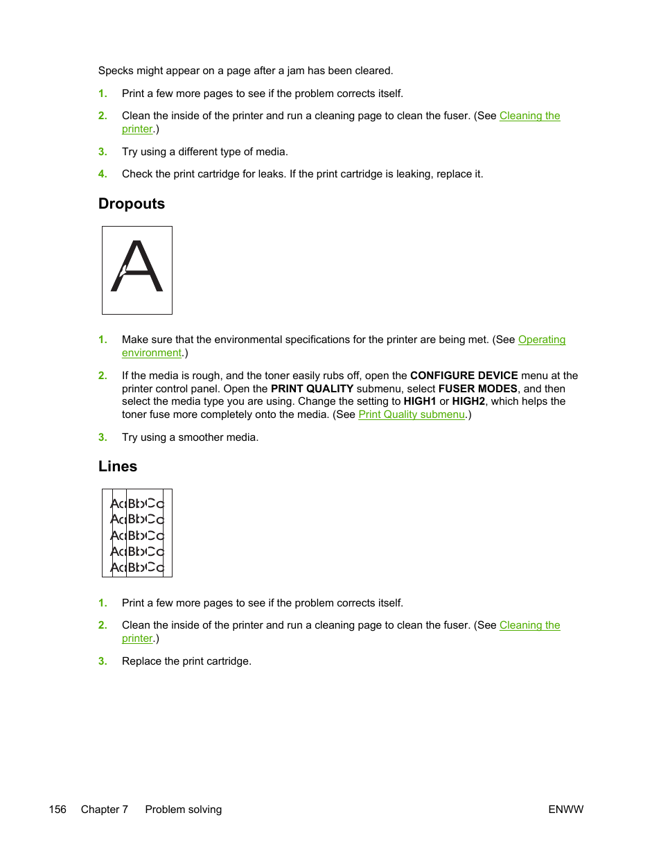 Dropouts, Lines, Dropouts lines | HP LaserJet 5200 Printer series User Manual | Page 170 / 248