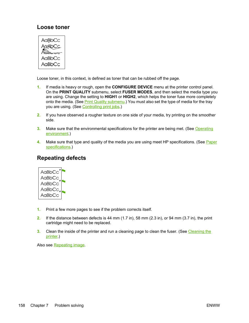 Loose toner, Repeating defects, Loose toner repeating defects | HP LaserJet 5200 Printer series User Manual | Page 172 / 248