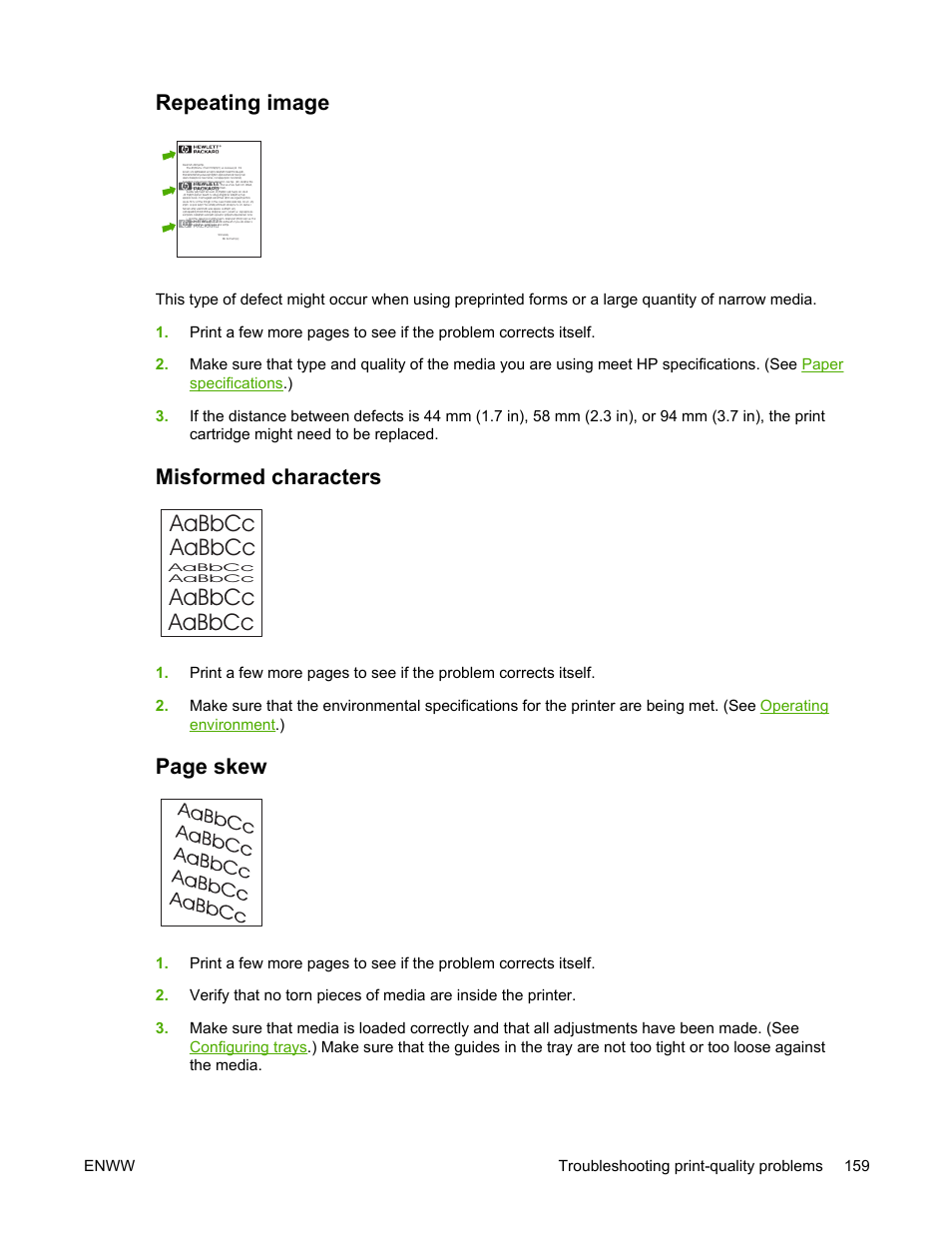 Repeating image, Misformed characters, Misformed | Characters, Aabbcc aabbcc aabbcc aabbcc, Page skew | HP LaserJet 5200 Printer series User Manual | Page 173 / 248
