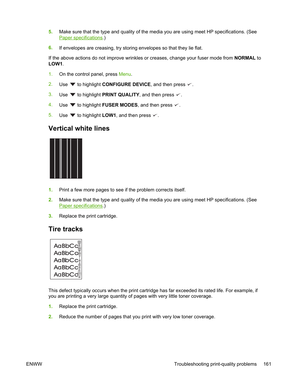 Vertical white lines, Tire tracks, Vertical white lines tire tracks | HP LaserJet 5200 Printer series User Manual | Page 175 / 248