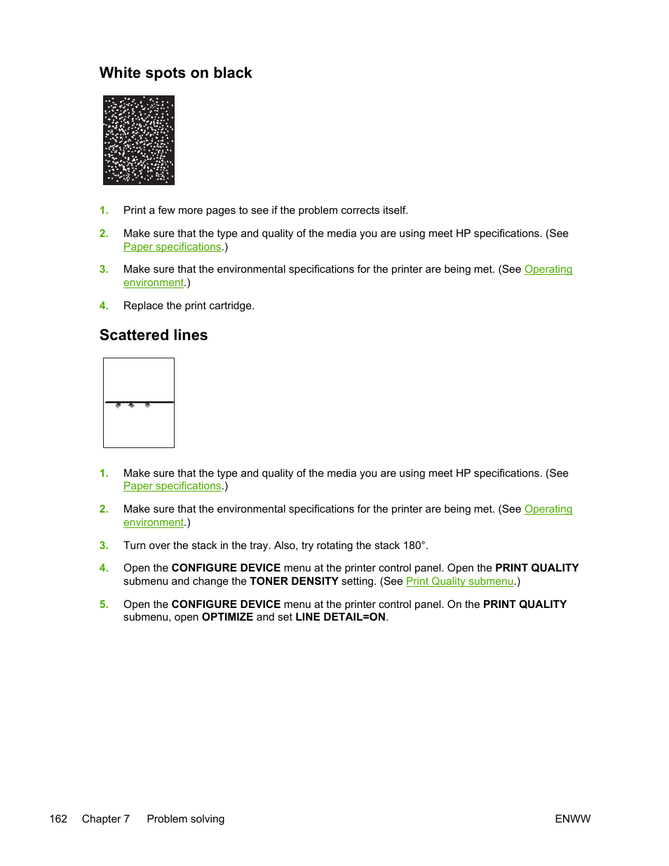 White spots on black, Scattered lines, White spots on black scattered lines | White spots on, Black | HP LaserJet 5200 Printer series User Manual | Page 176 / 248