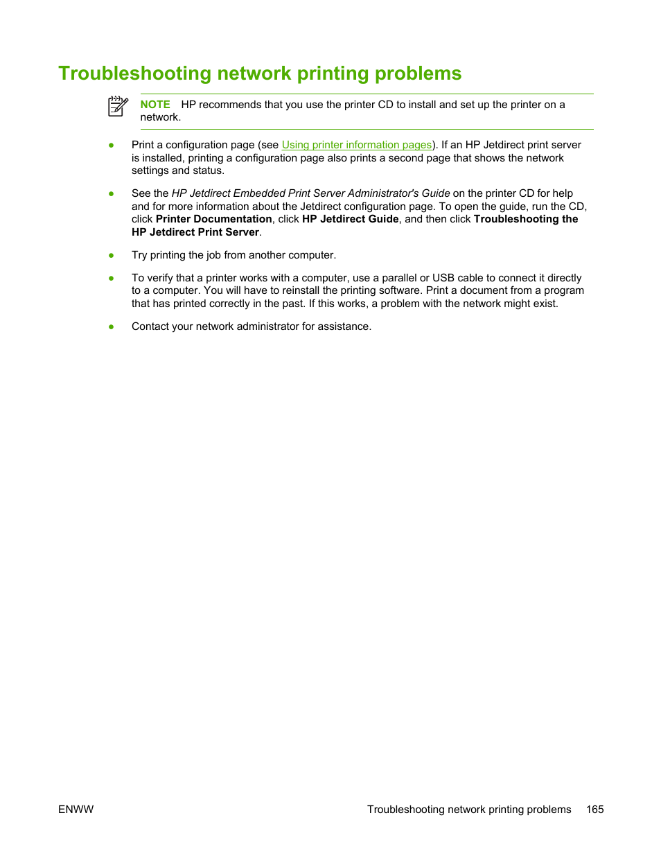 Troubleshooting network printing problems | HP LaserJet 5200 Printer series User Manual | Page 179 / 248