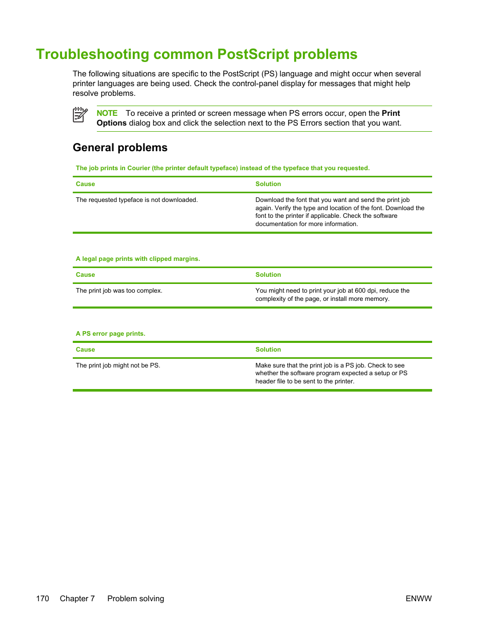 Troubleshooting common postscript problems, General problems | HP LaserJet 5200 Printer series User Manual | Page 184 / 248