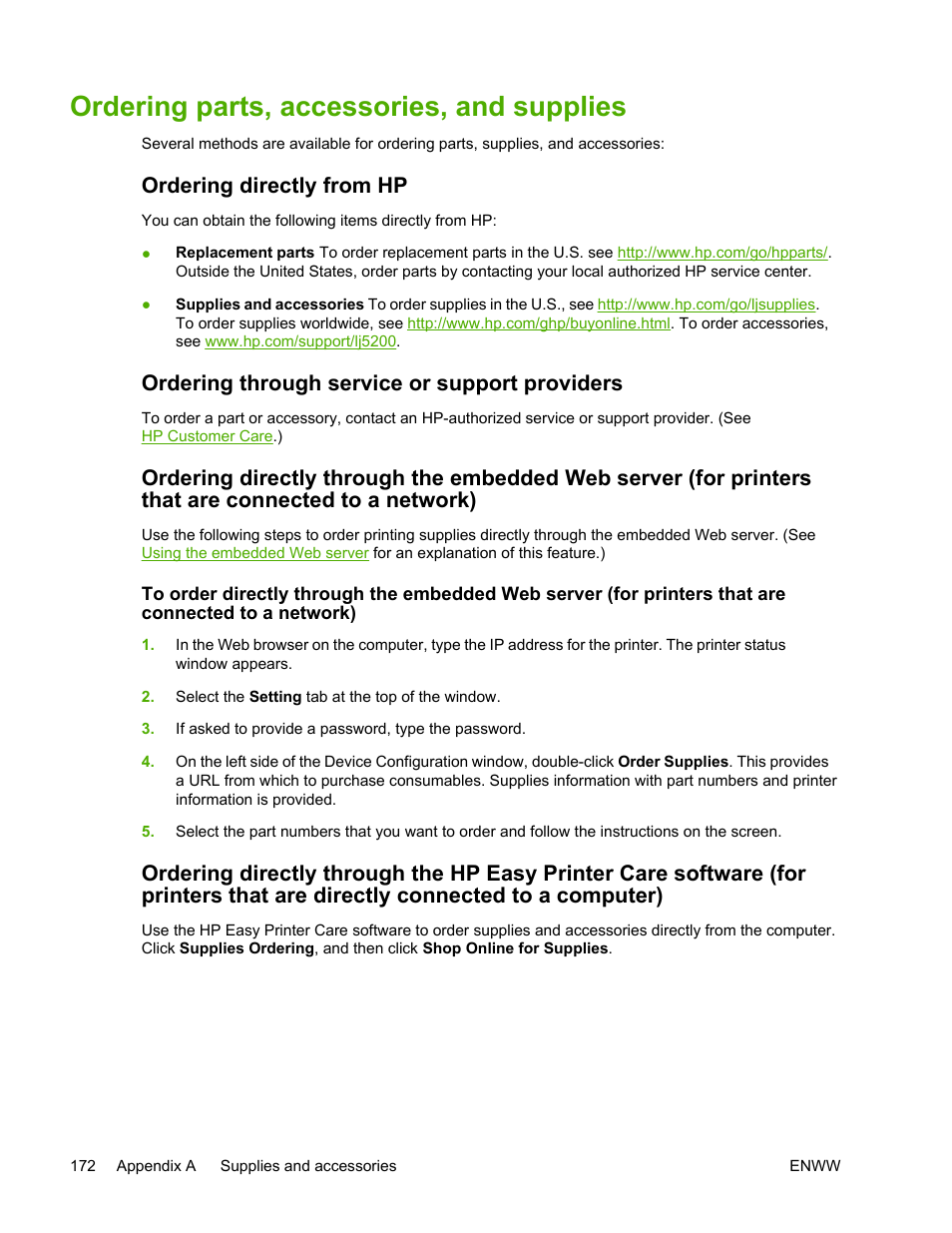 Ordering parts, accessories, and supplies, Ordering directly from hp, Ordering through service or support providers | HP LaserJet 5200 Printer series User Manual | Page 186 / 248