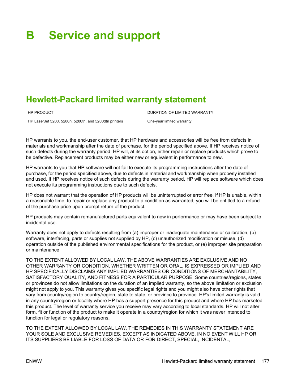 Service and support, Hewlett-packard limited warranty statement, Appendix b service and support | Bservice and support | HP LaserJet 5200 Printer series User Manual | Page 191 / 248