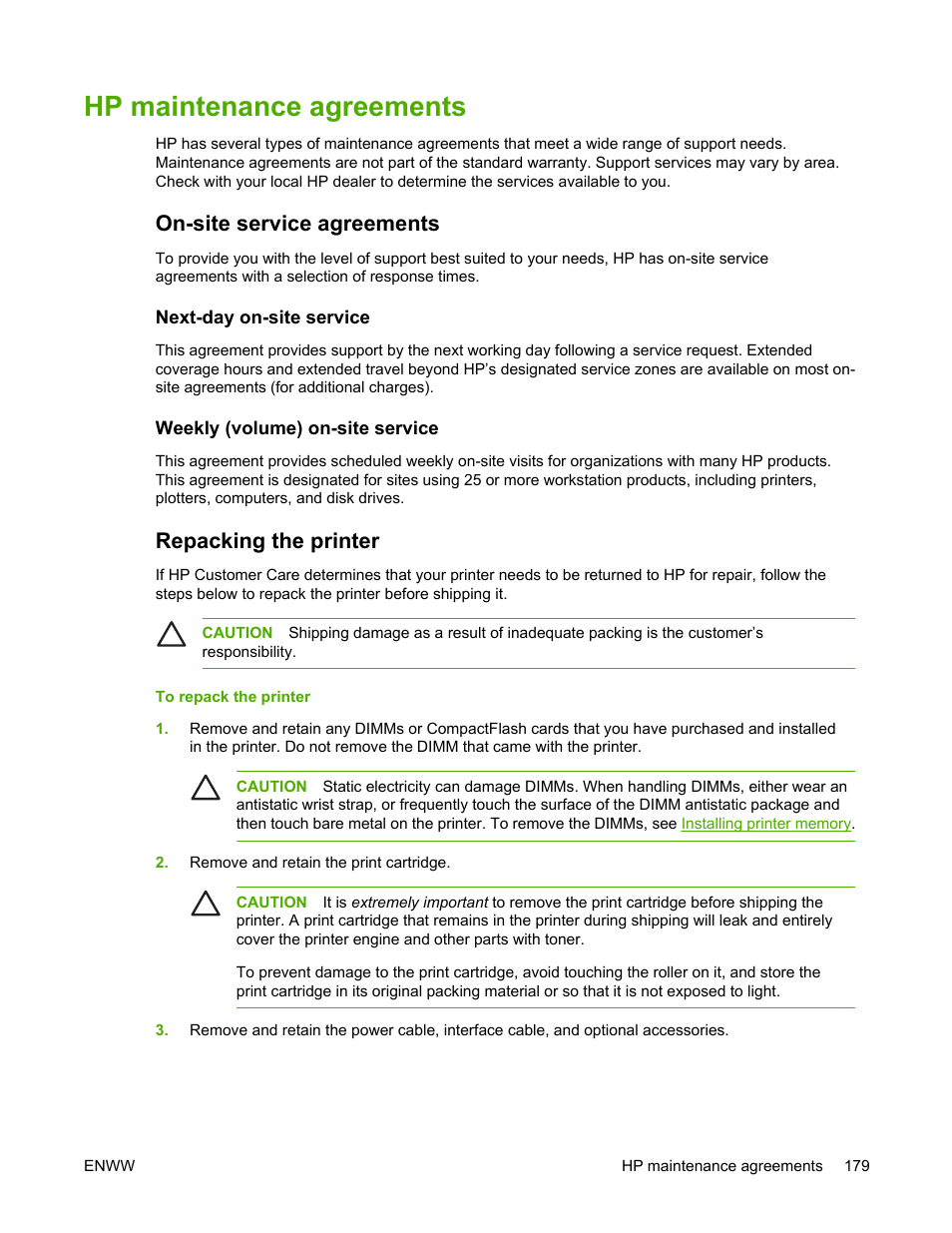 Hp maintenance agreements, On-site service agreements, Next-day on-site service | Weekly (volume) on-site service, Repacking the printer | HP LaserJet 5200 Printer series User Manual | Page 193 / 248