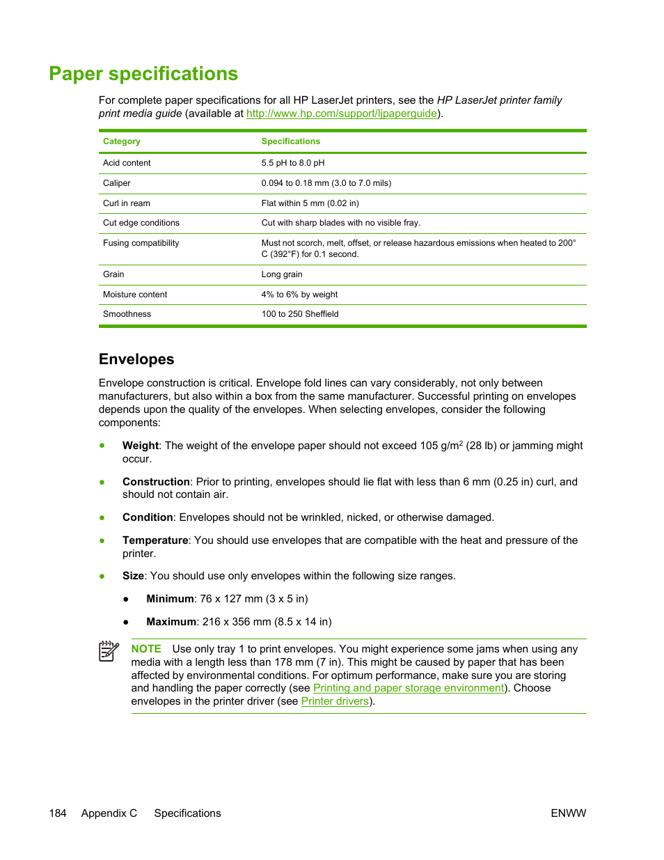 Paper specifications, Envelopes, Paper | Specifications, Media that meets hp specifications. see | HP LaserJet 5200 Printer series User Manual | Page 198 / 248