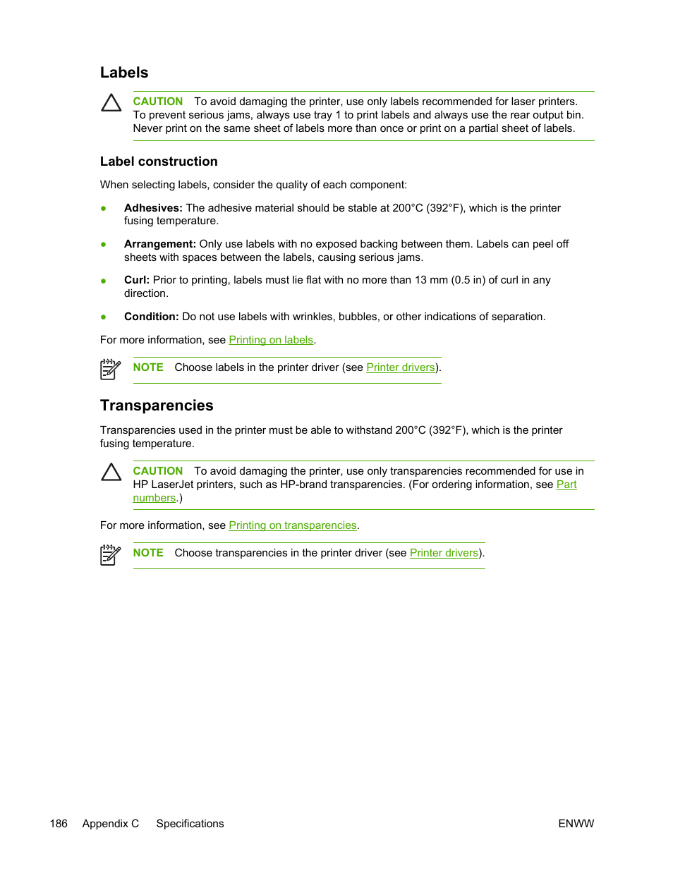 Labels, Label construction, Transparencies | HP LaserJet 5200 Printer series User Manual | Page 200 / 248