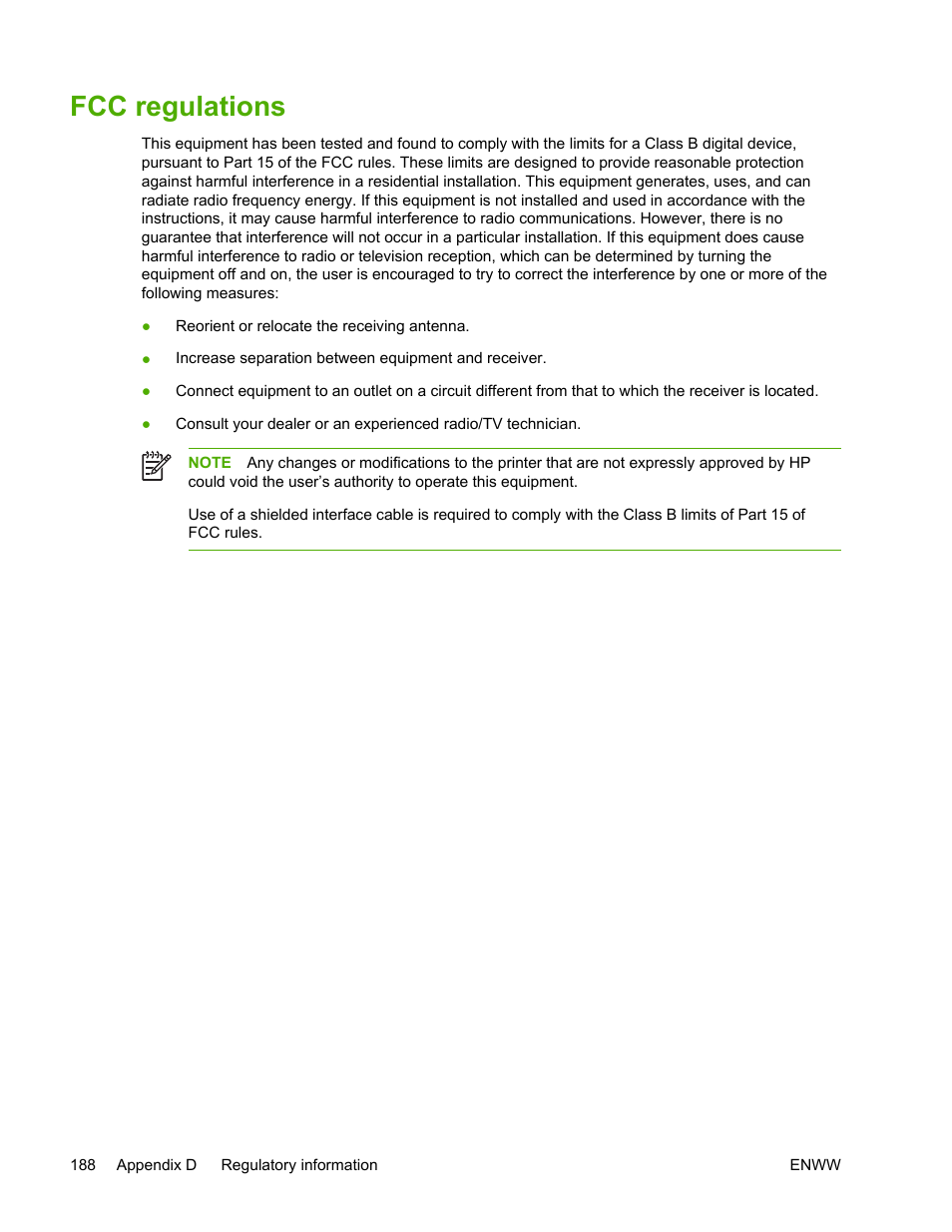 Fcc regulations | HP LaserJet 5200 Printer series User Manual | Page 202 / 248
