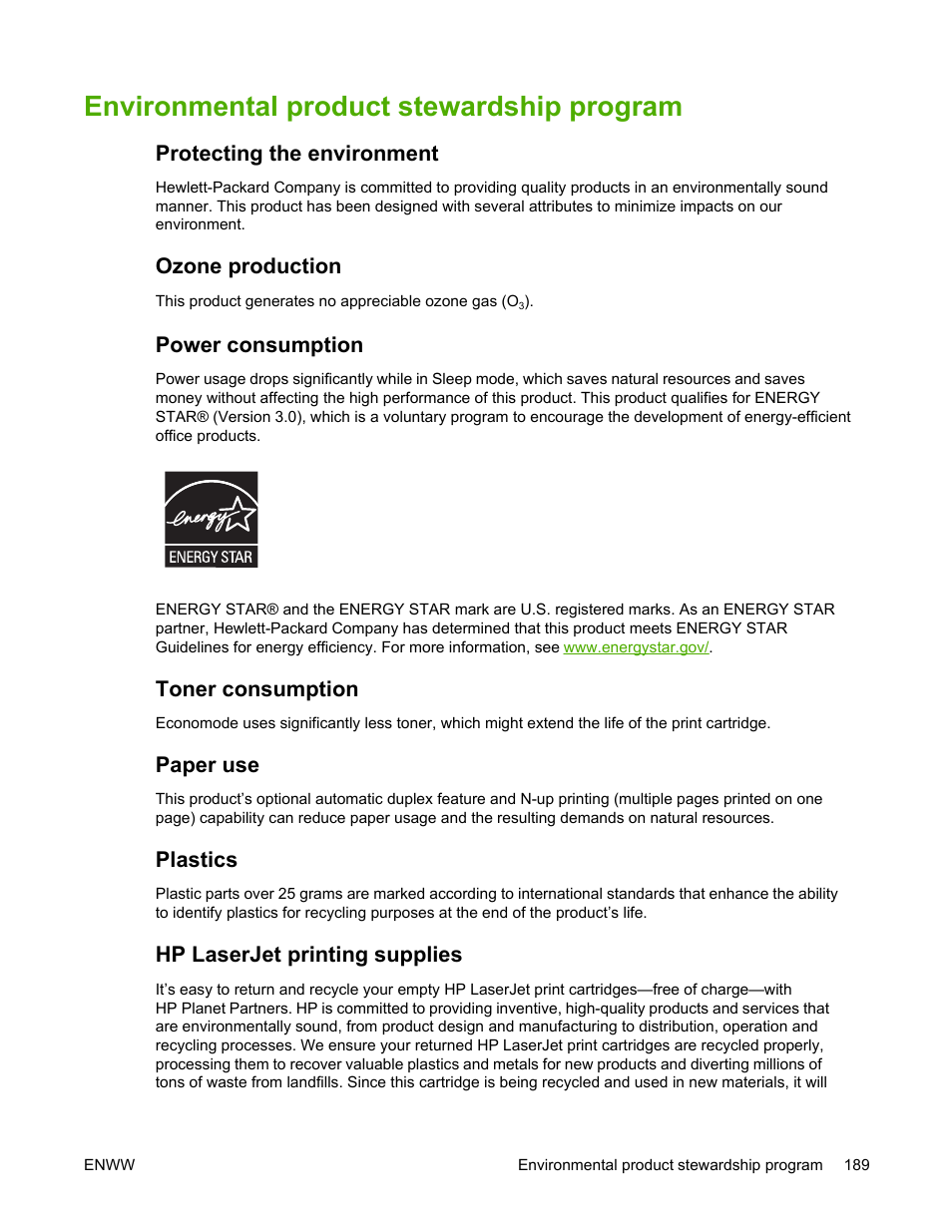 Environmental product stewardship program, Protecting the environment, Ozone production | Power consumption, Toner consumption, Paper use, Plastics, Hp laserjet printing supplies, Plastics hp laserjet printing supplies | HP LaserJet 5200 Printer series User Manual | Page 203 / 248