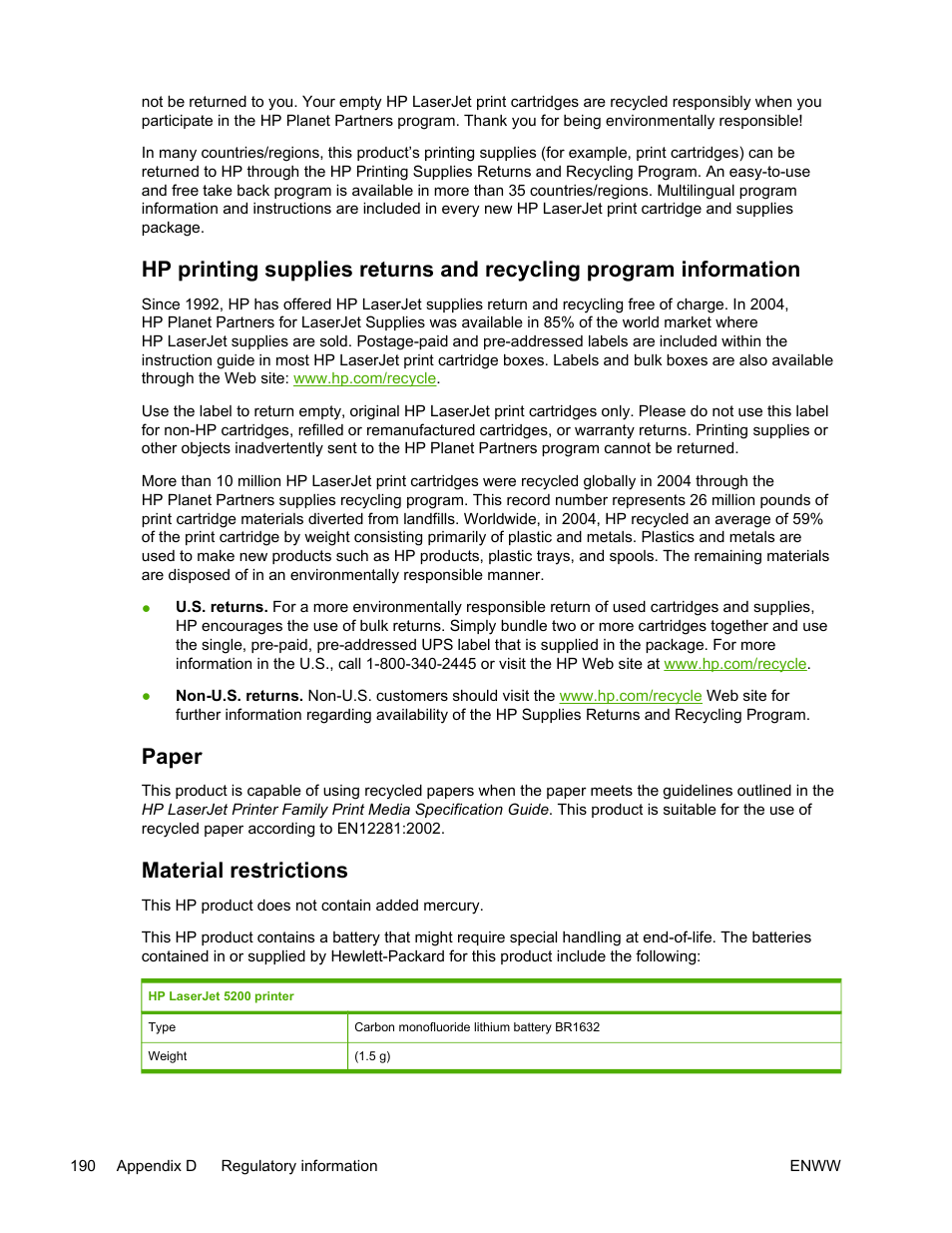 Paper, Material restrictions | HP LaserJet 5200 Printer series User Manual | Page 204 / 248