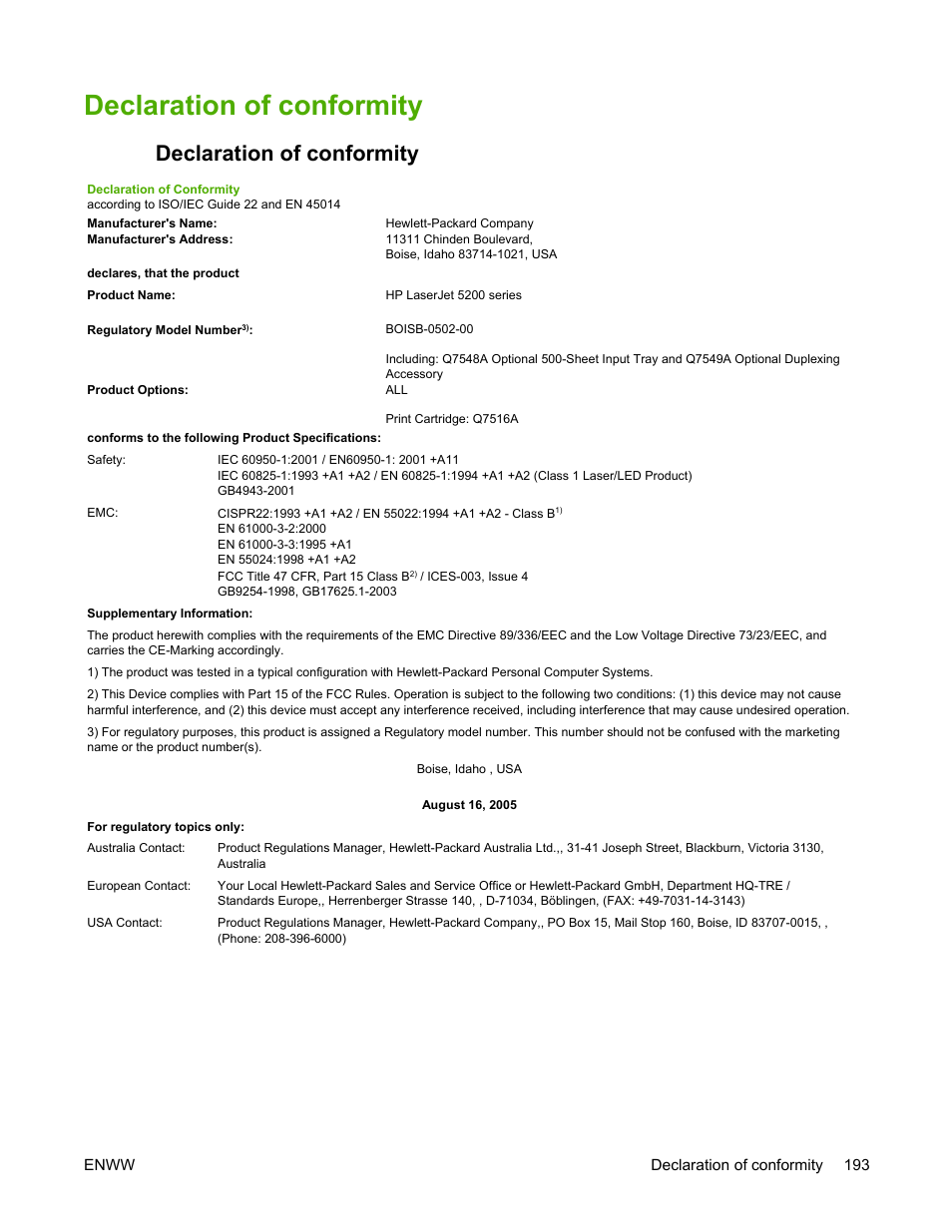 Declaration of conformity | HP LaserJet 5200 Printer series User Manual | Page 207 / 248