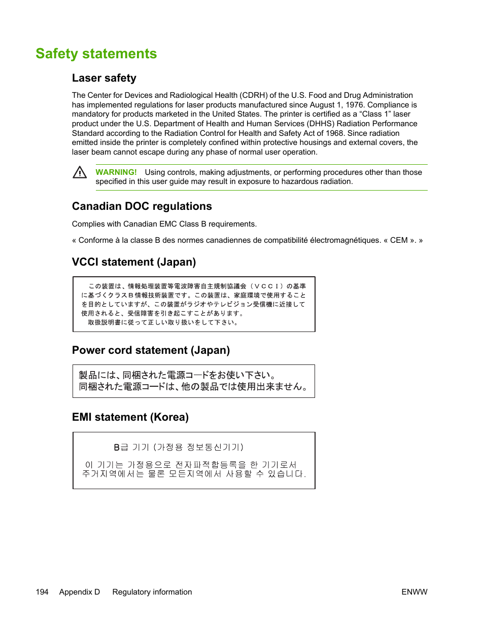 Safety statements, Laser safety, Canadian doc regulations | Vcci statement (japan), Power cord statement (japan), Emi statement (korea) | HP LaserJet 5200 Printer series User Manual | Page 208 / 248