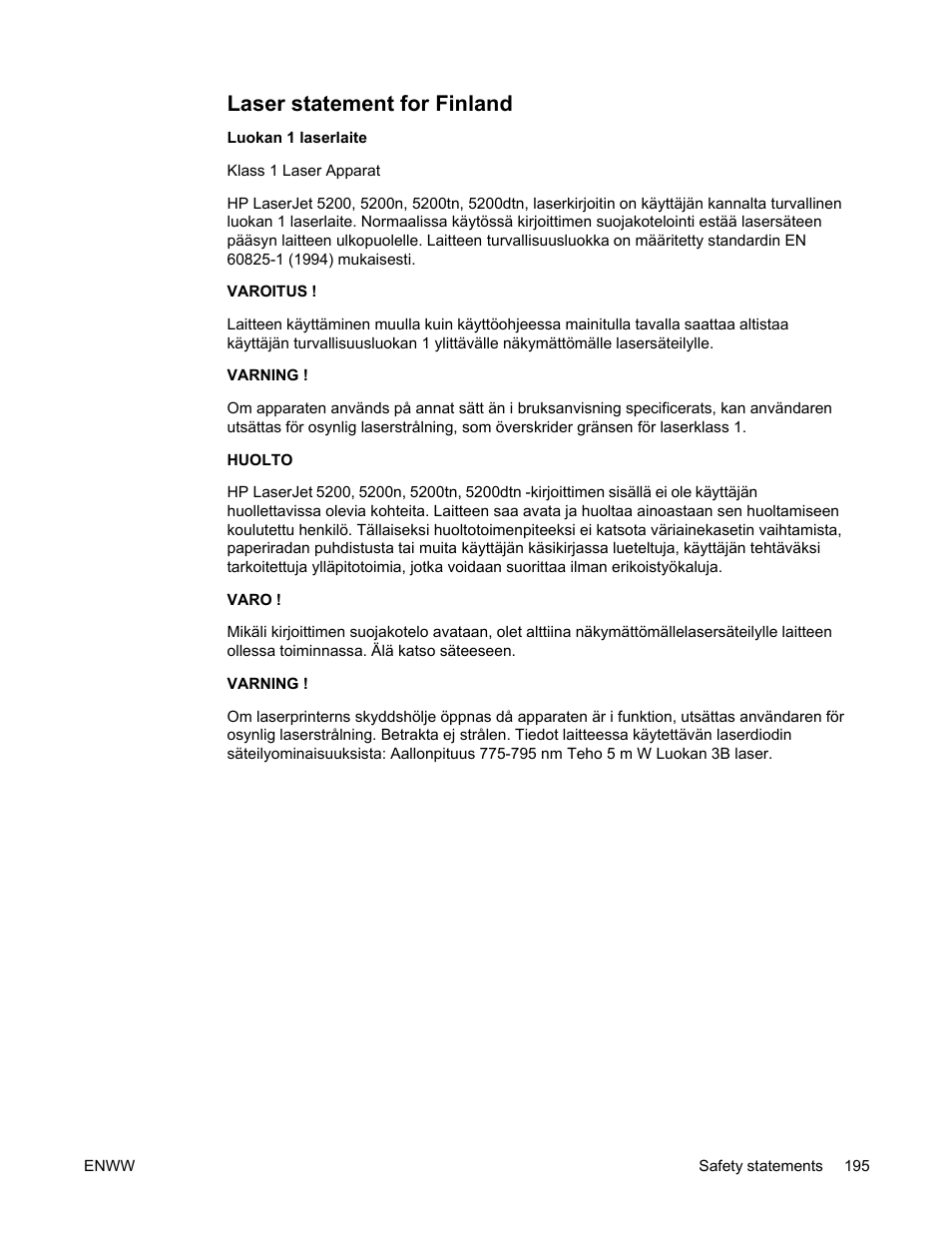 Laser statement for finland | HP LaserJet 5200 Printer series User Manual | Page 209 / 248