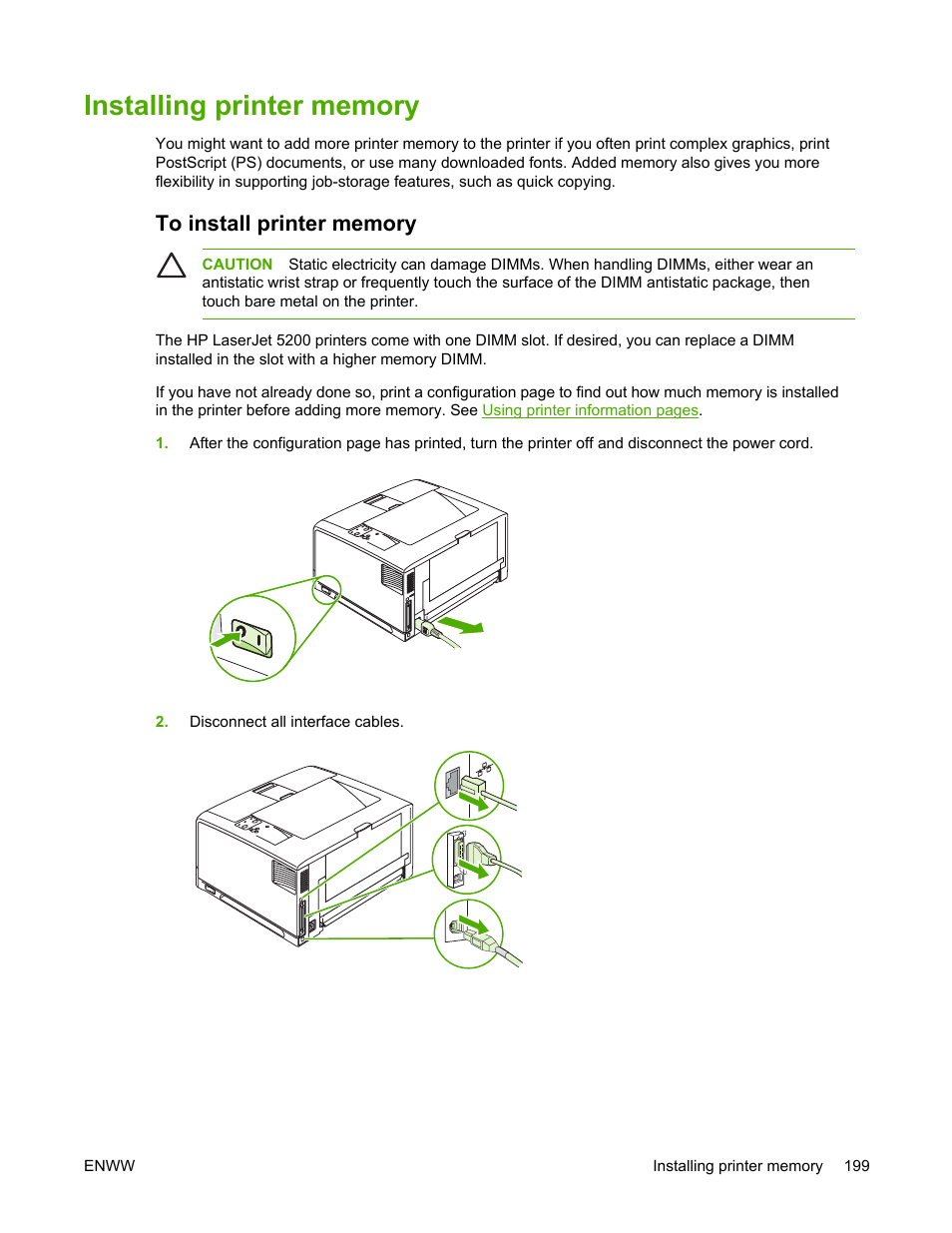Installing printer memory, To install printer memory, Installing printer | Memory | HP LaserJet 5200 Printer series User Manual | Page 213 / 248