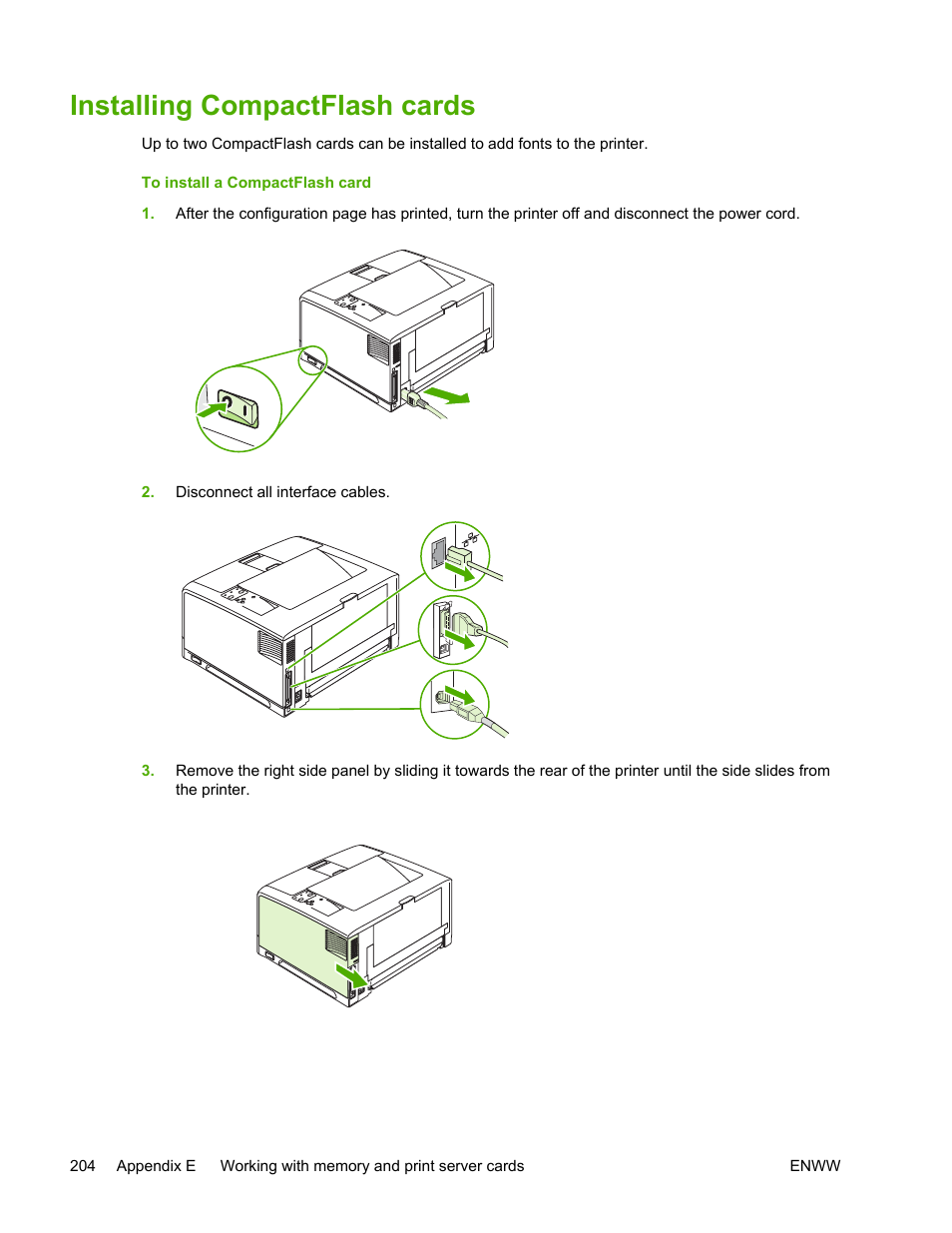 Installing compactflash cards | HP LaserJet 5200 Printer series User Manual | Page 218 / 248