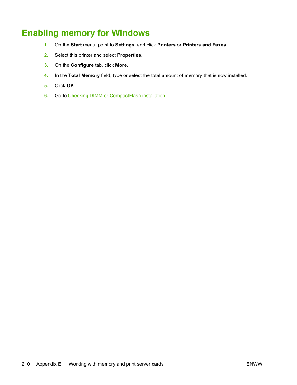 Enabling memory for windows | HP LaserJet 5200 Printer series User Manual | Page 224 / 248