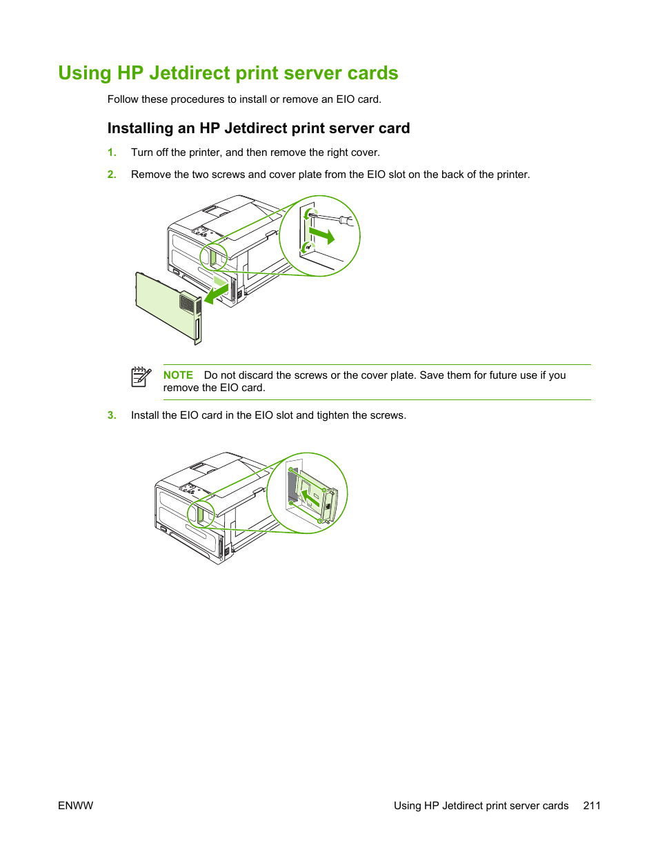 Using hp jetdirect print server cards, Installing an hp jetdirect print server card | HP LaserJet 5200 Printer series User Manual | Page 225 / 248
