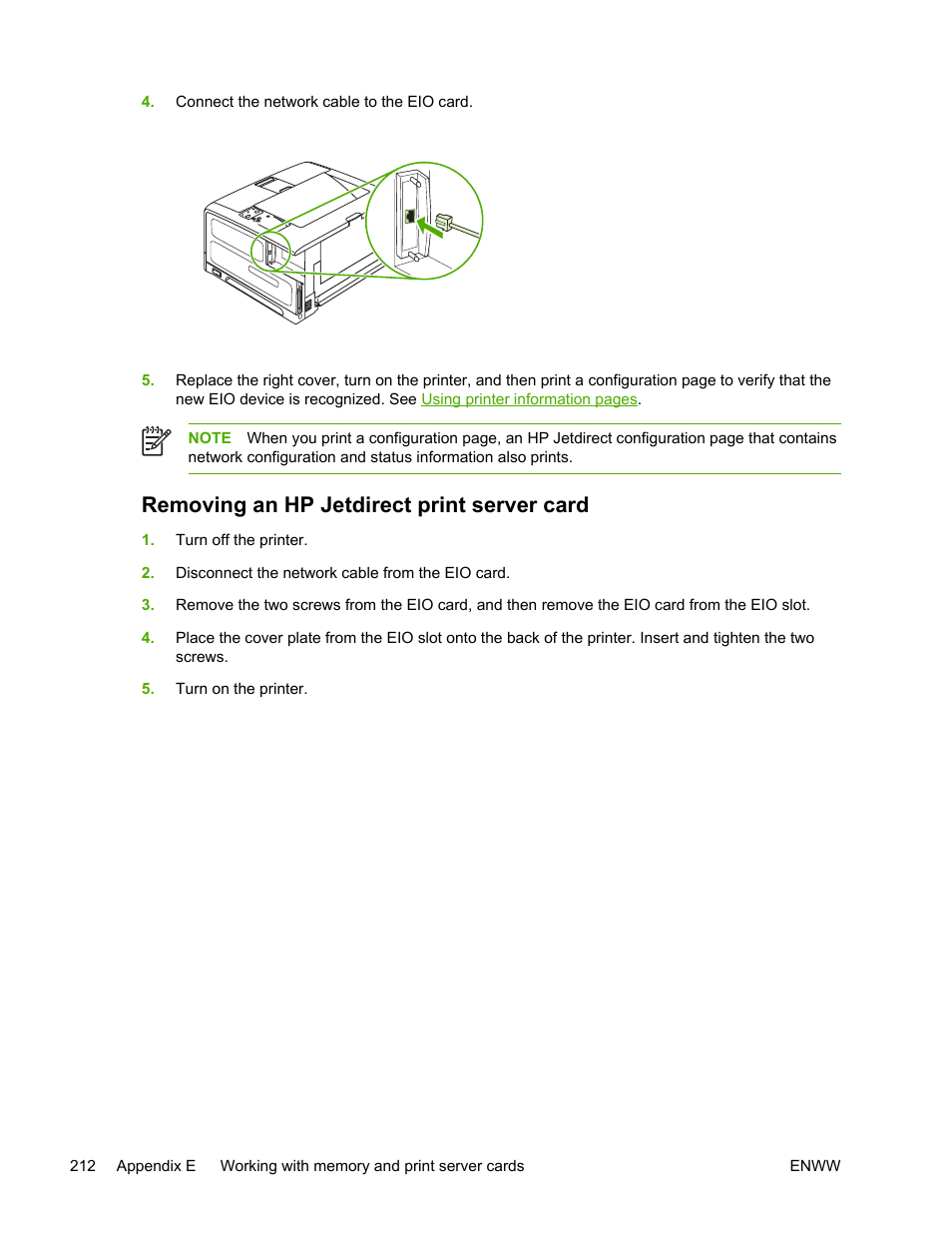 Removing an hp jetdirect print server card | HP LaserJet 5200 Printer series User Manual | Page 226 / 248