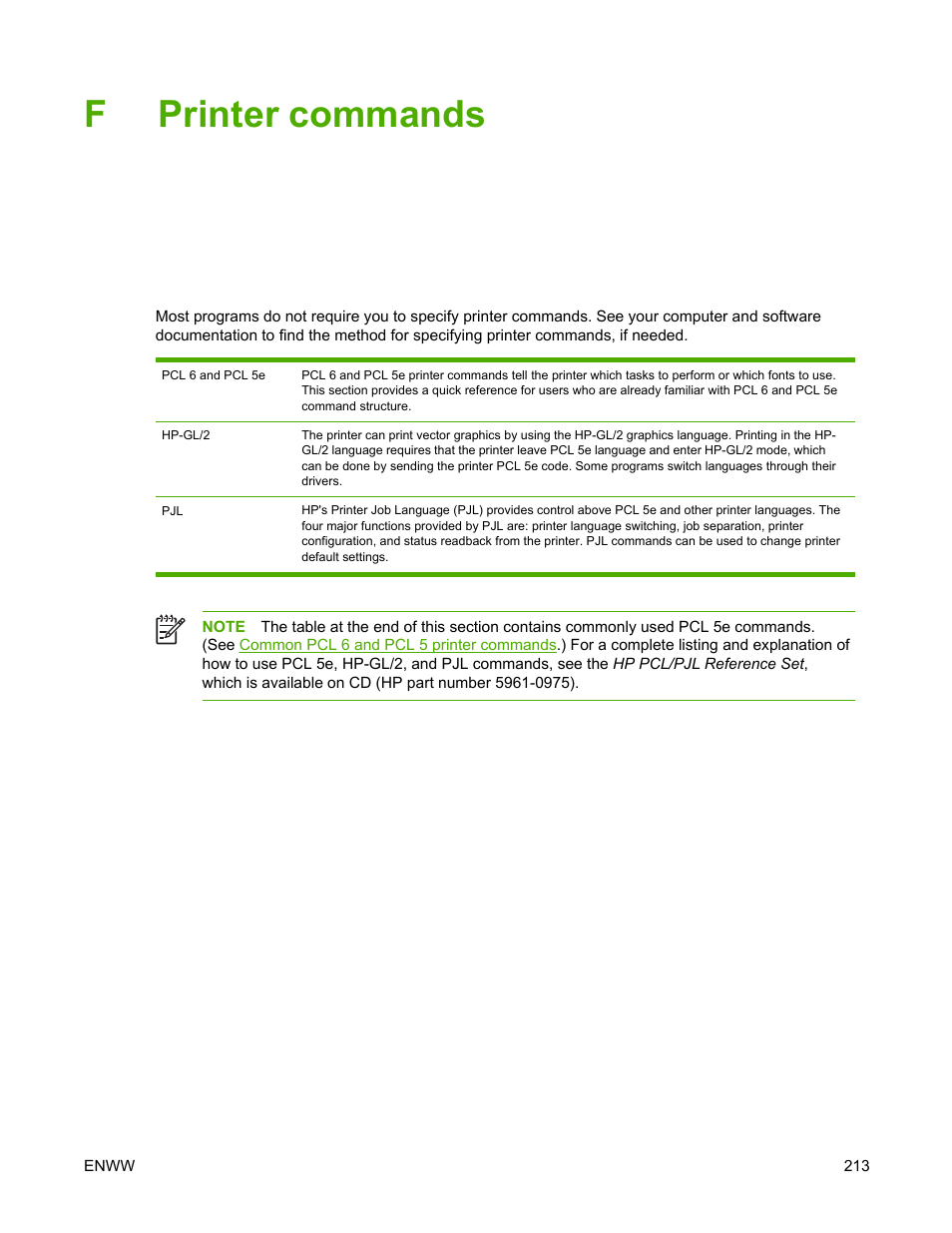 Printer commands, Appendix f printer commands, Fprinter commands | HP LaserJet 5200 Printer series User Manual | Page 227 / 248