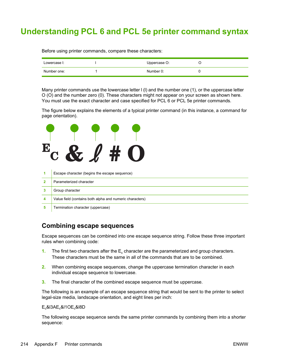 Combining escape sequences | HP LaserJet 5200 Printer series User Manual | Page 228 / 248