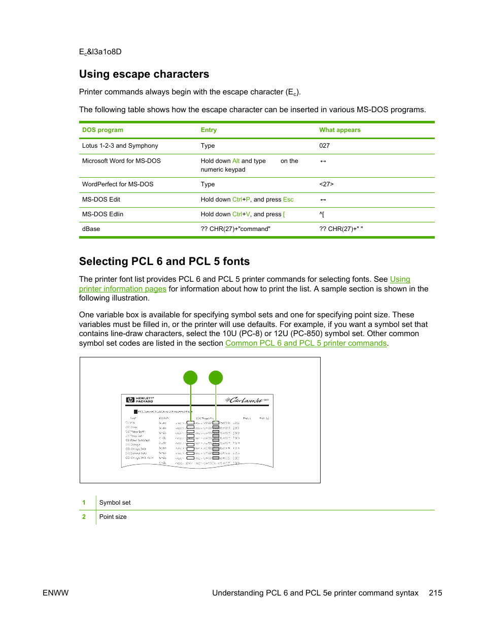 Using escape characters, Selecting pcl 6 and pcl 5 fonts | HP LaserJet 5200 Printer series User Manual | Page 229 / 248