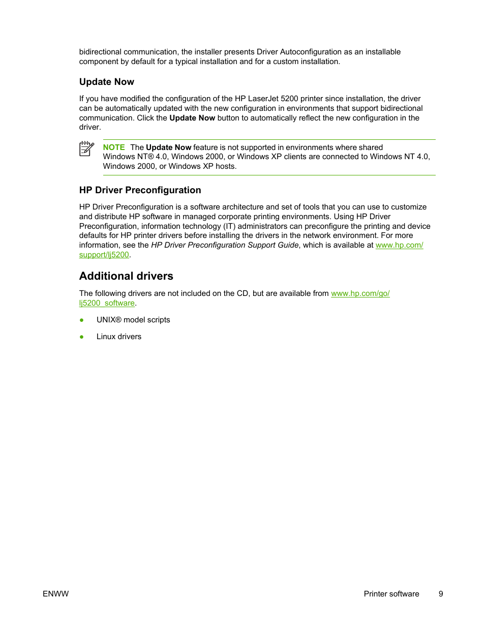 Update now, Hp driver preconfiguration, Additional drivers | Update now hp driver preconfiguration | HP LaserJet 5200 Printer series User Manual | Page 23 / 248