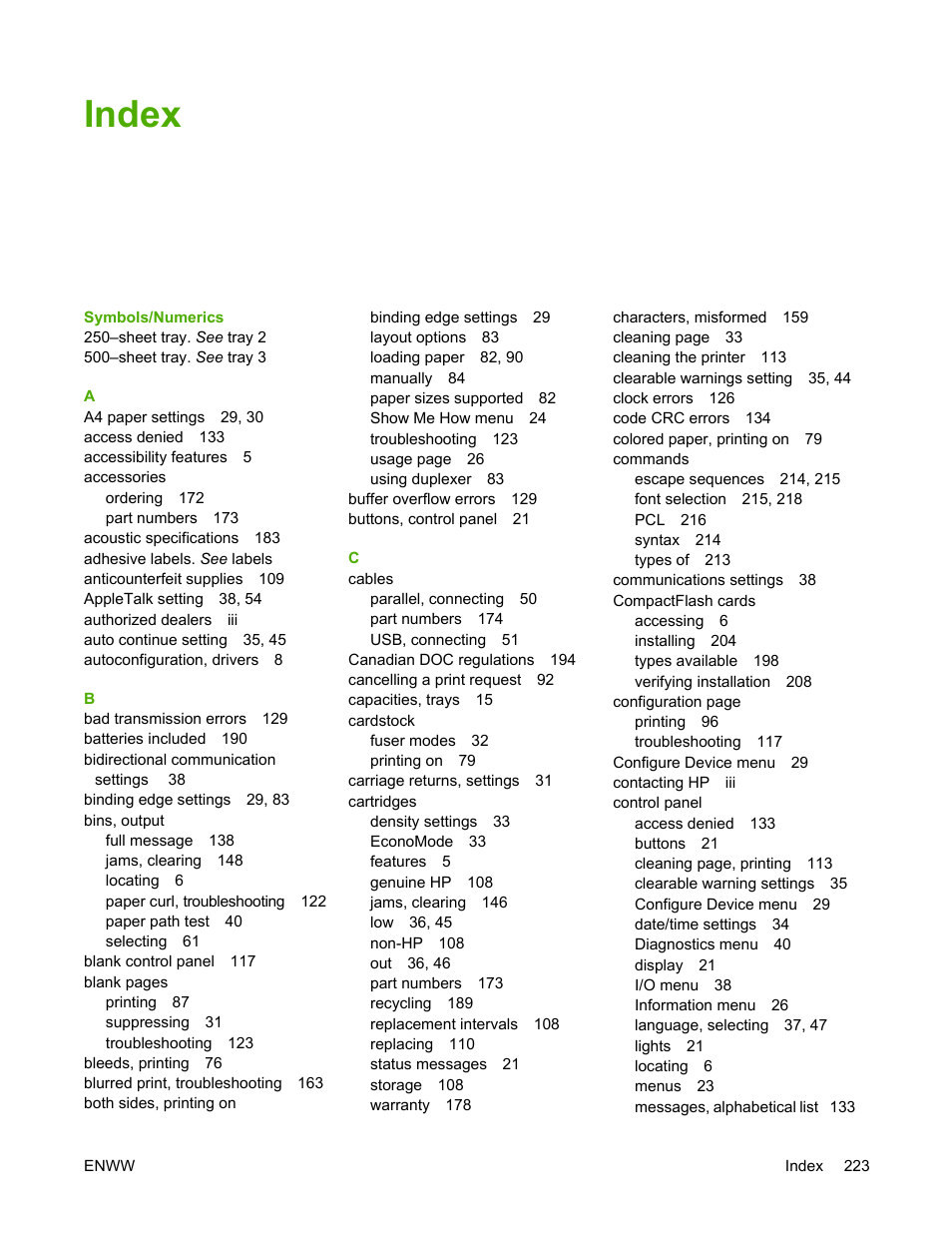 Index | HP LaserJet 5200 Printer series User Manual | Page 237 / 248