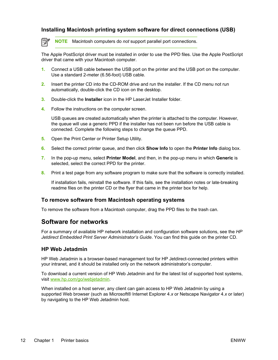 Software for networks, Hp web jetadmin | HP LaserJet 5200 Printer series User Manual | Page 26 / 248