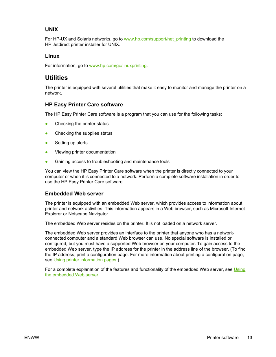 Unix, Linux, Utilities | Hp easy printer care software, Embedded web server, Unix linux, Hp easy printer care software embedded web server | HP LaserJet 5200 Printer series User Manual | Page 27 / 248