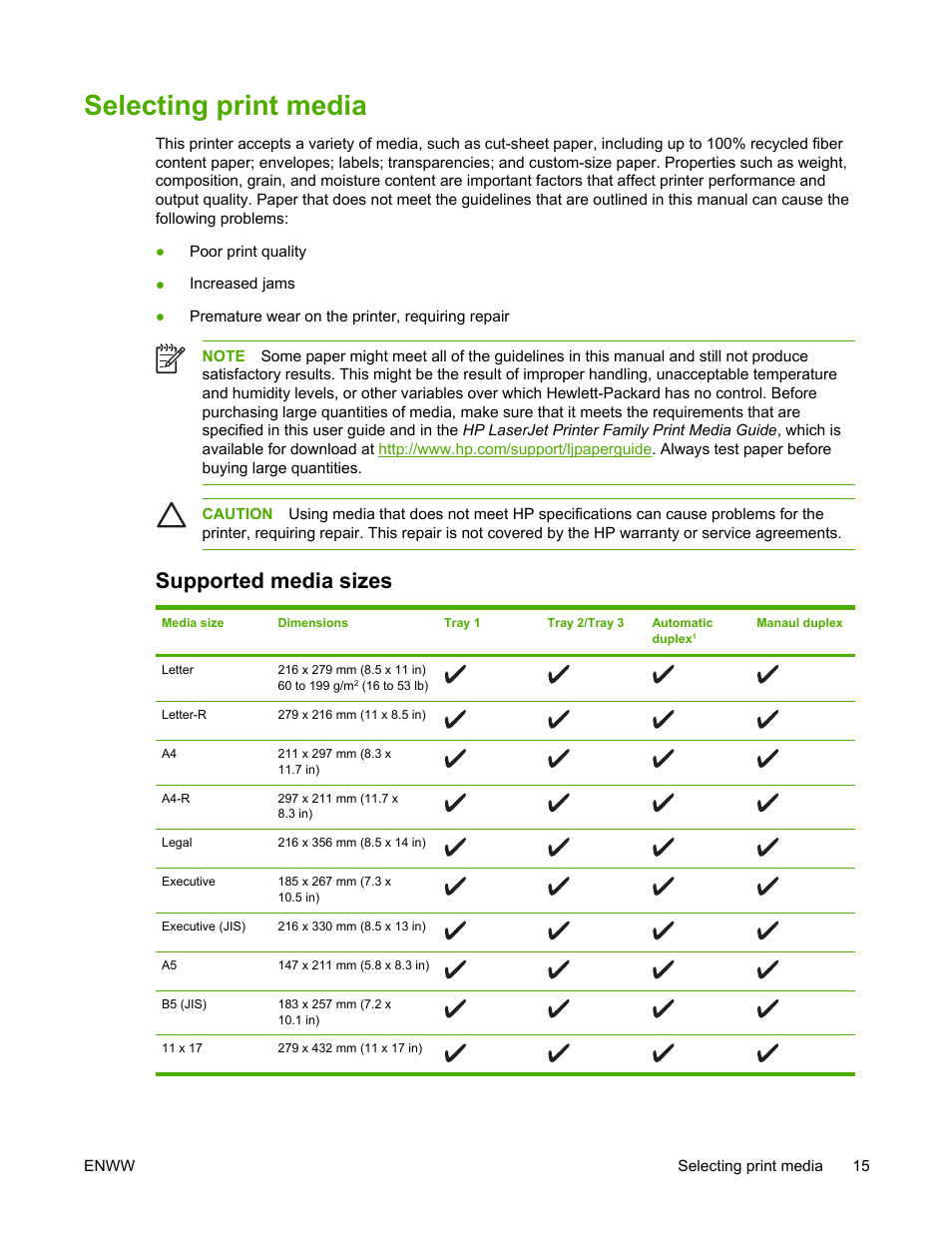 Selecting print media, Supported media sizes | HP LaserJet 5200 Printer series User Manual | Page 29 / 248