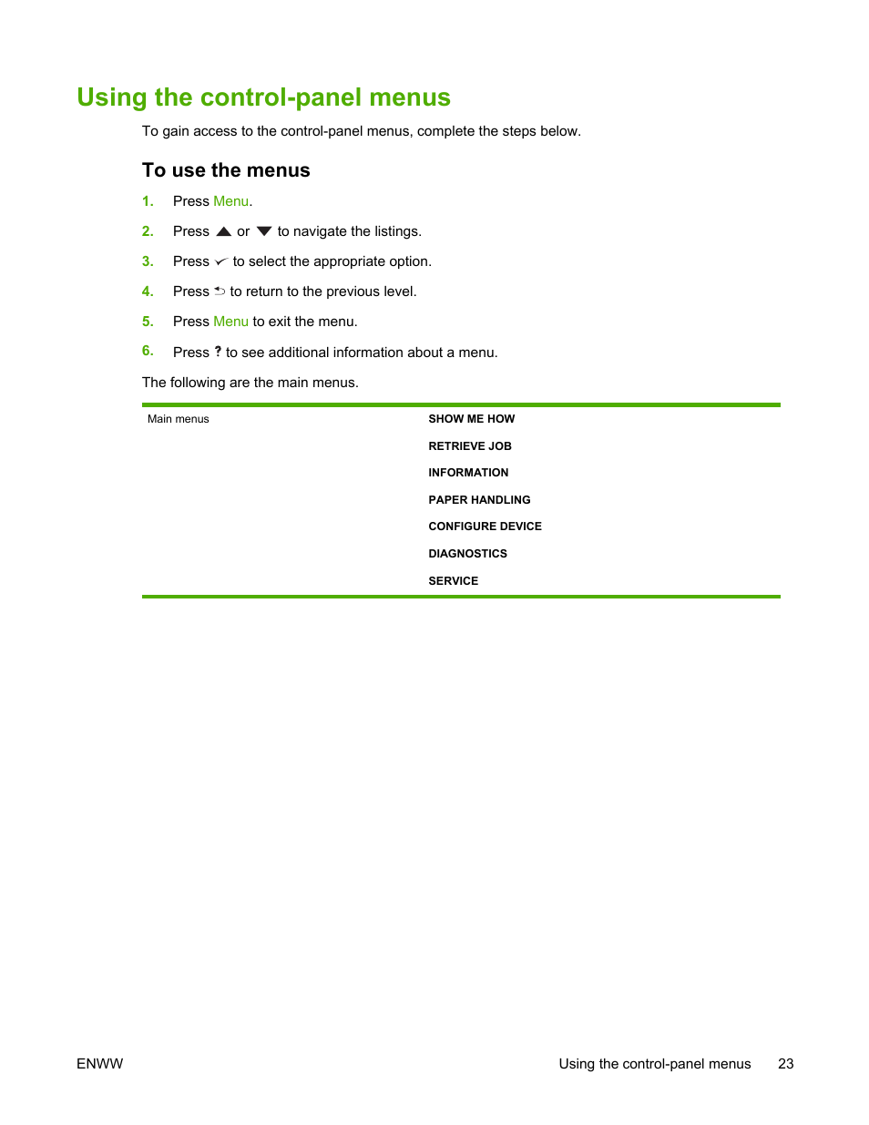 Using the control-panel menus, To use the menus | HP LaserJet 5200 Printer series User Manual | Page 37 / 248