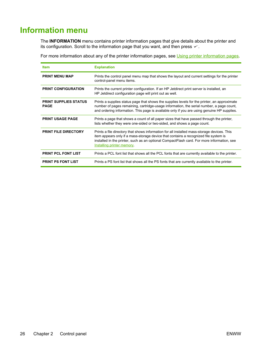 Information menu | HP LaserJet 5200 Printer series User Manual | Page 40 / 248