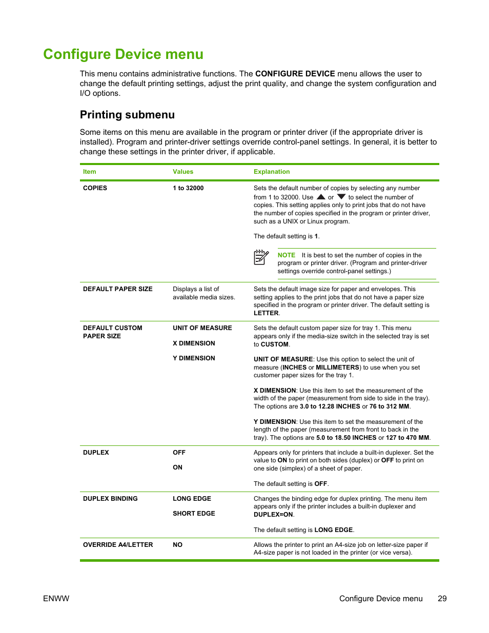 Configure device menu, Printing submenu | HP LaserJet 5200 Printer series User Manual | Page 43 / 248