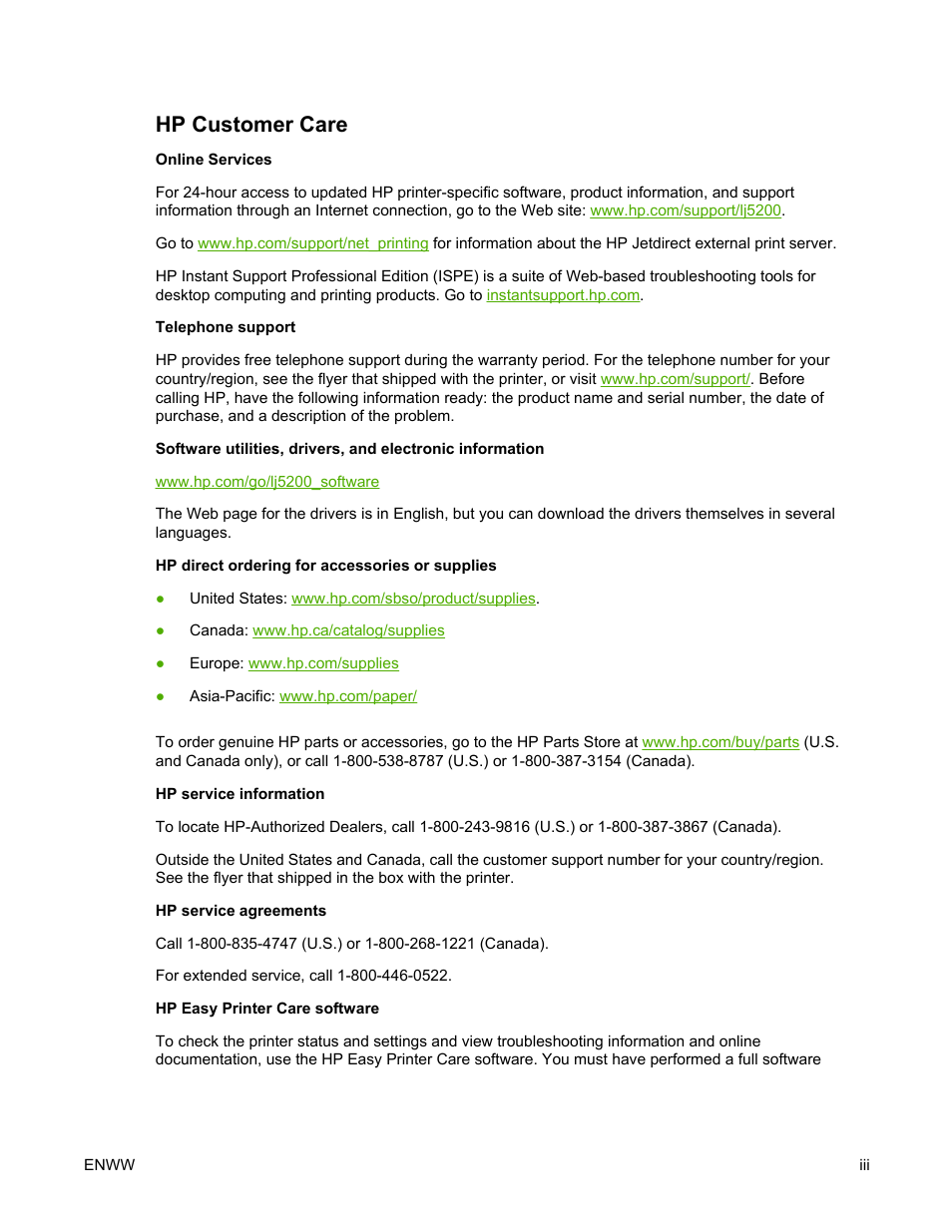 Hp customer care | HP LaserJet 5200 Printer series User Manual | Page 5 / 248