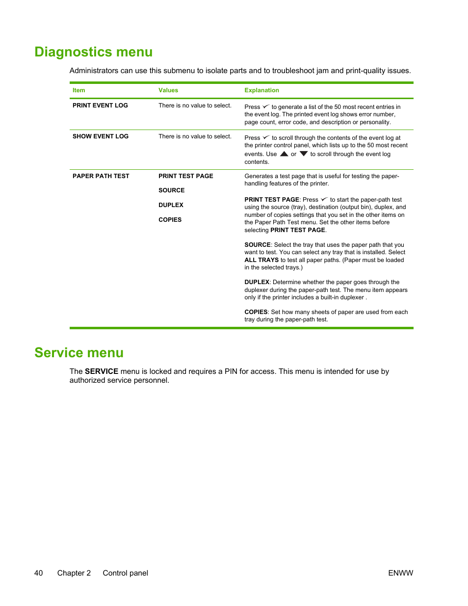 Diagnostics menu, Service menu, Diagnostics menu service menu | HP LaserJet 5200 Printer series User Manual | Page 54 / 248