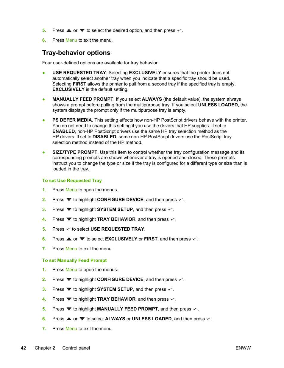 Tray-behavior options | HP LaserJet 5200 Printer series User Manual | Page 56 / 248