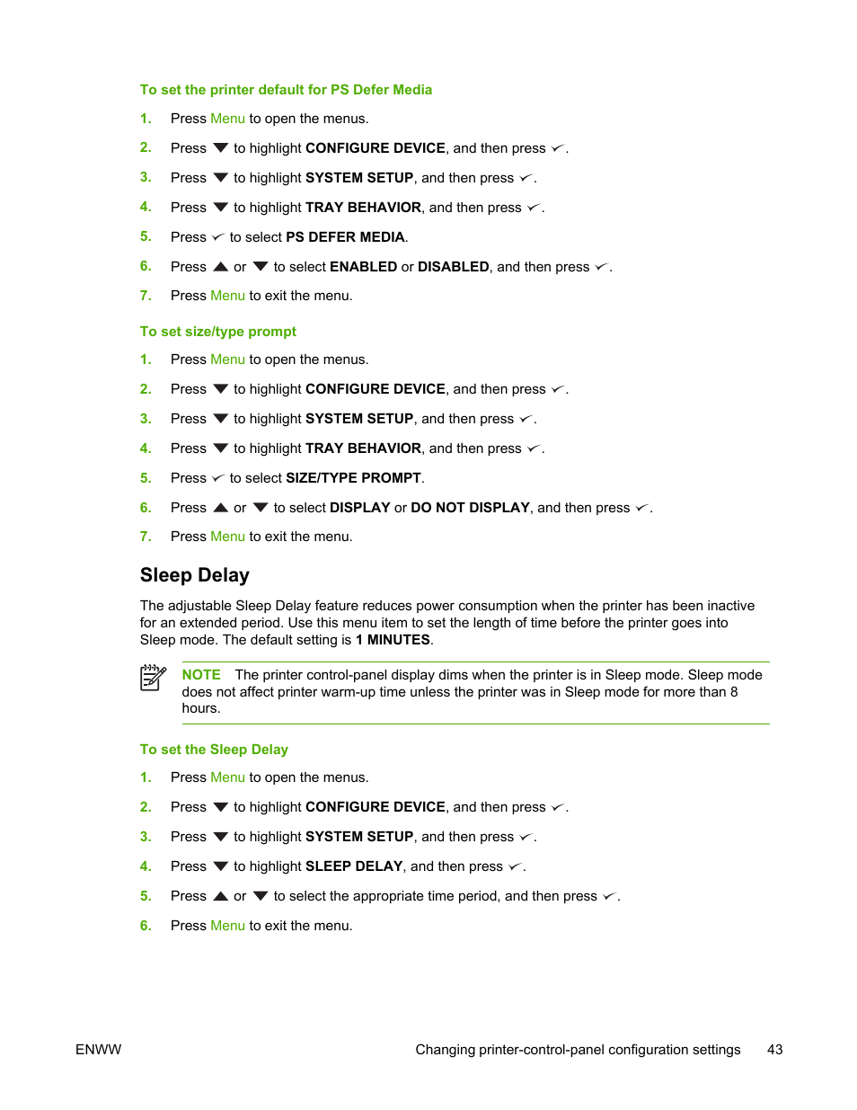 Sleep delay | HP LaserJet 5200 Printer series User Manual | Page 57 / 248