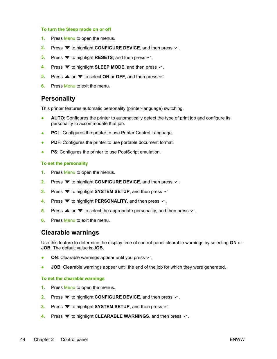 Personality, Clearable warnings, Personality clearable warnings | HP LaserJet 5200 Printer series User Manual | Page 58 / 248