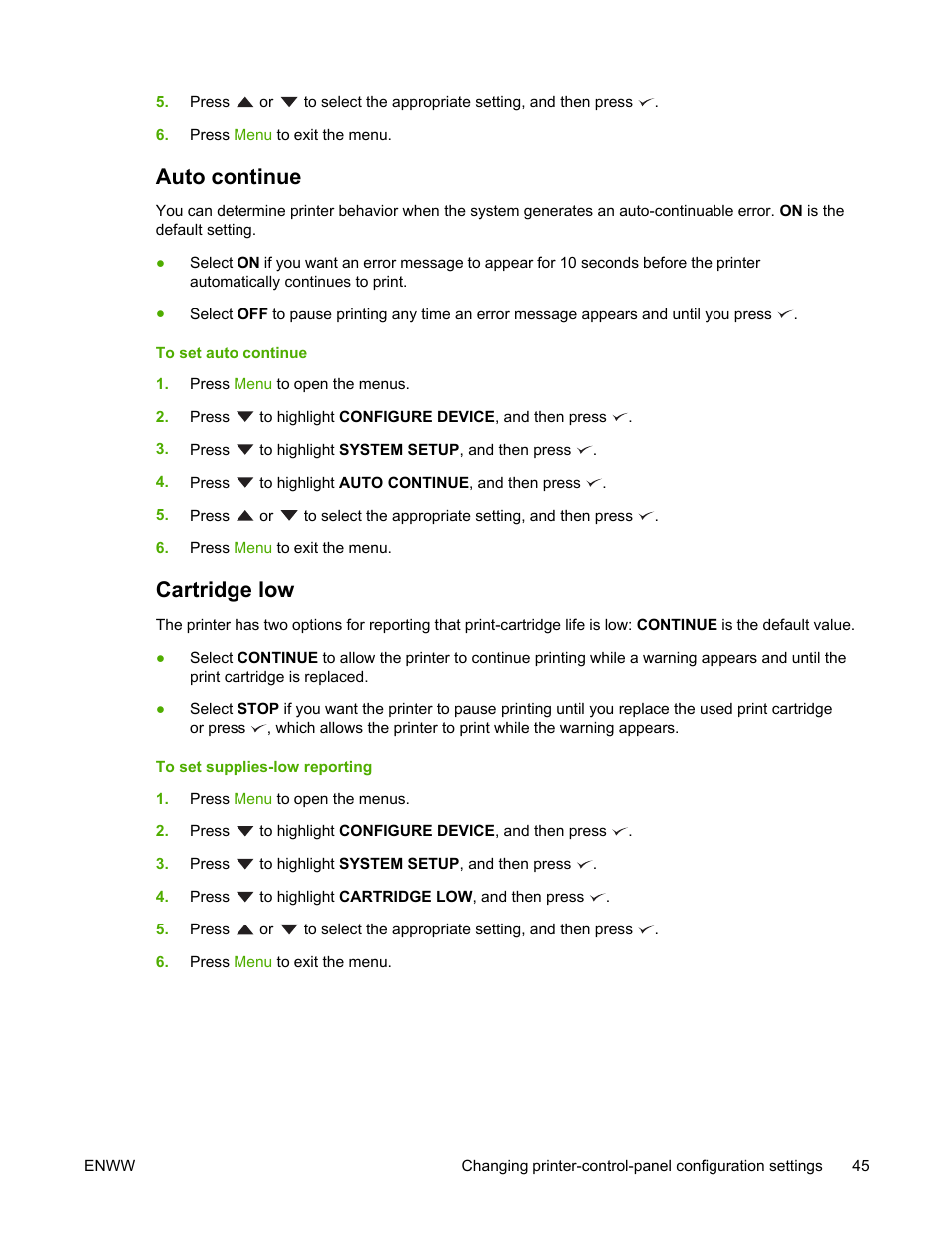 Auto continue, Cartridge low, Auto continue cartridge low | HP LaserJet 5200 Printer series User Manual | Page 59 / 248